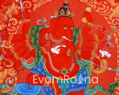 Majestic Red and Gold Ganapati Thangka