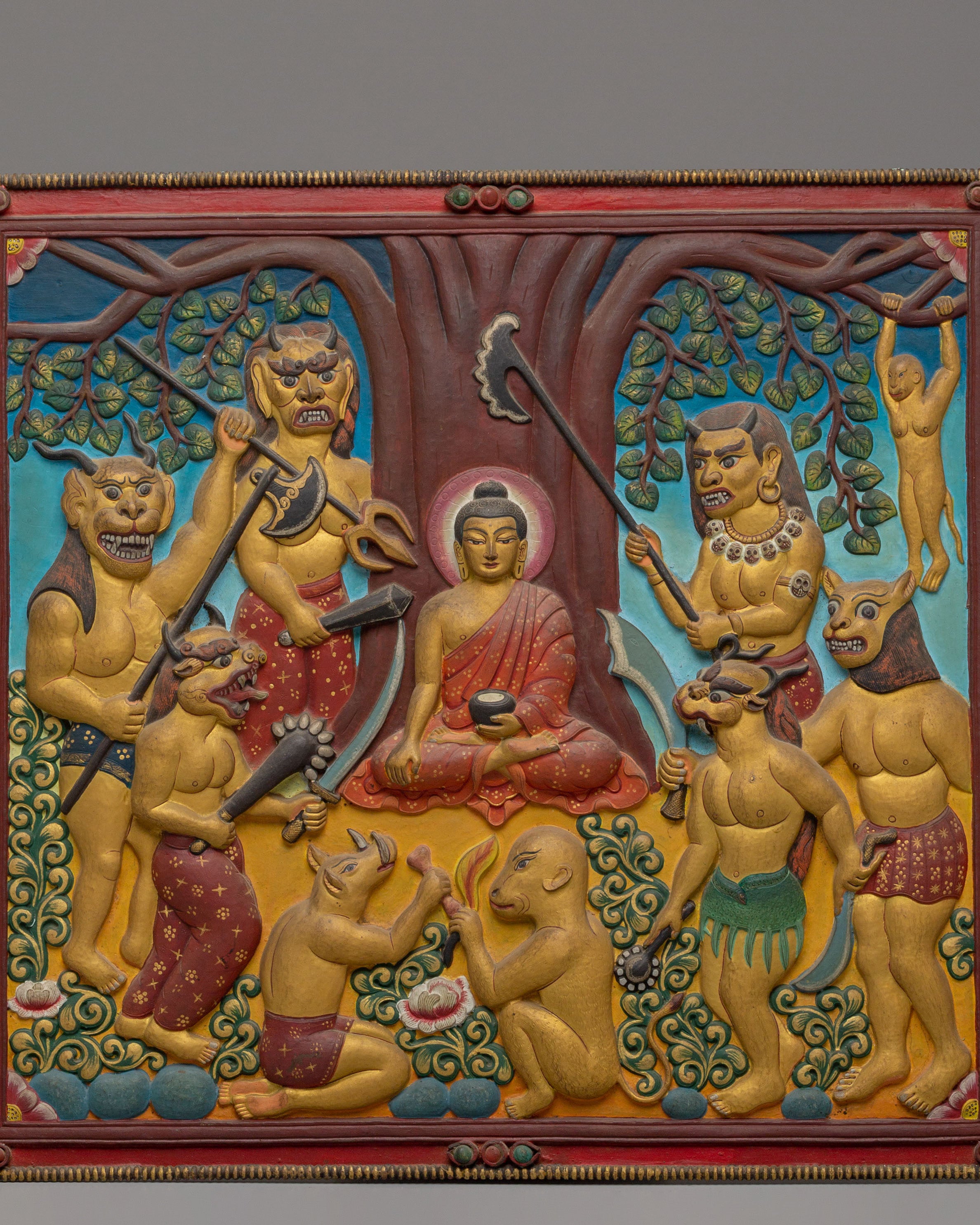 Meditating Shakyamuni Buddha Wall Hanging | Enlightenment Scene with Mara