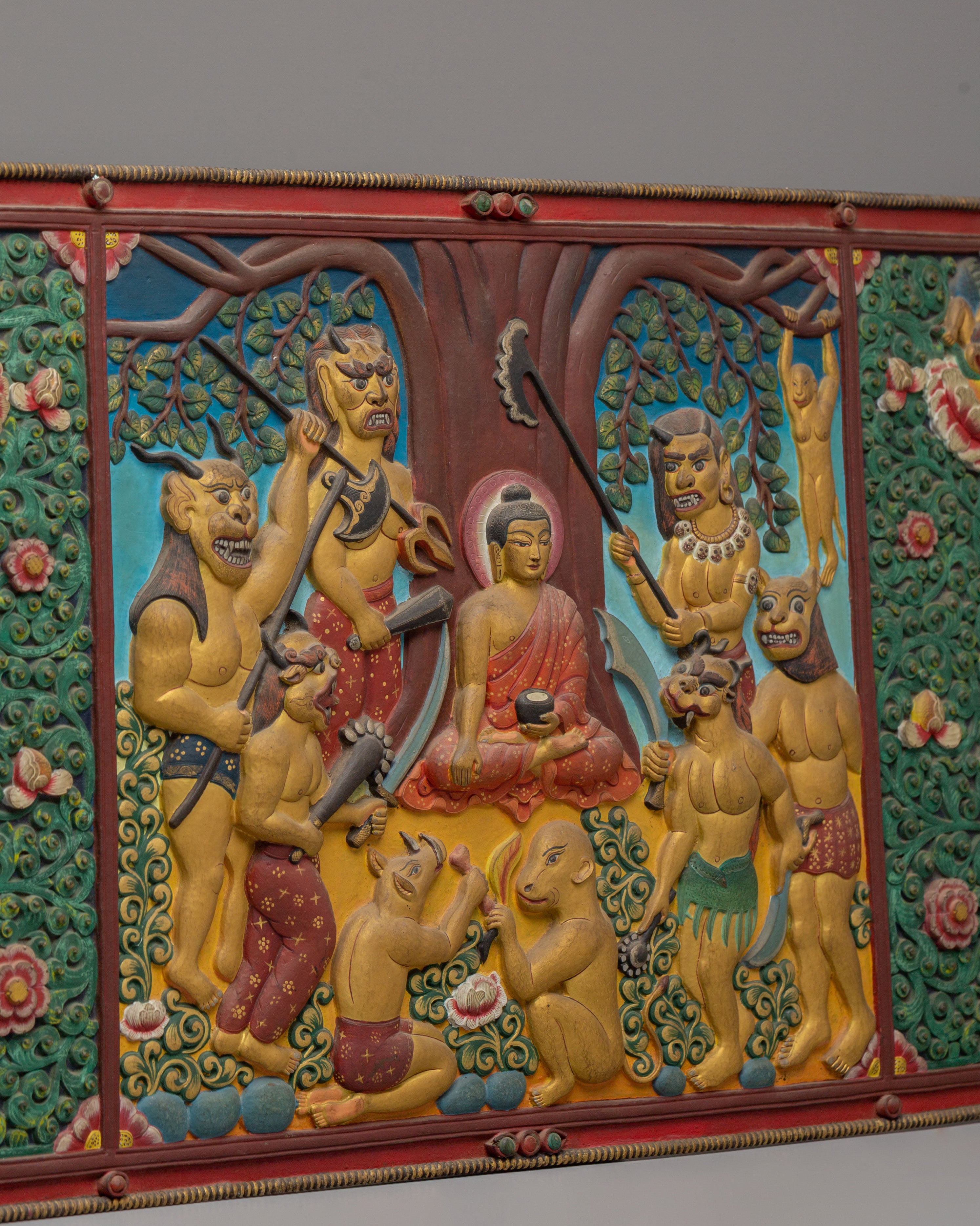 Meditating Shakyamuni Buddha Wall Hanging | Enlightenment Scene with Mara