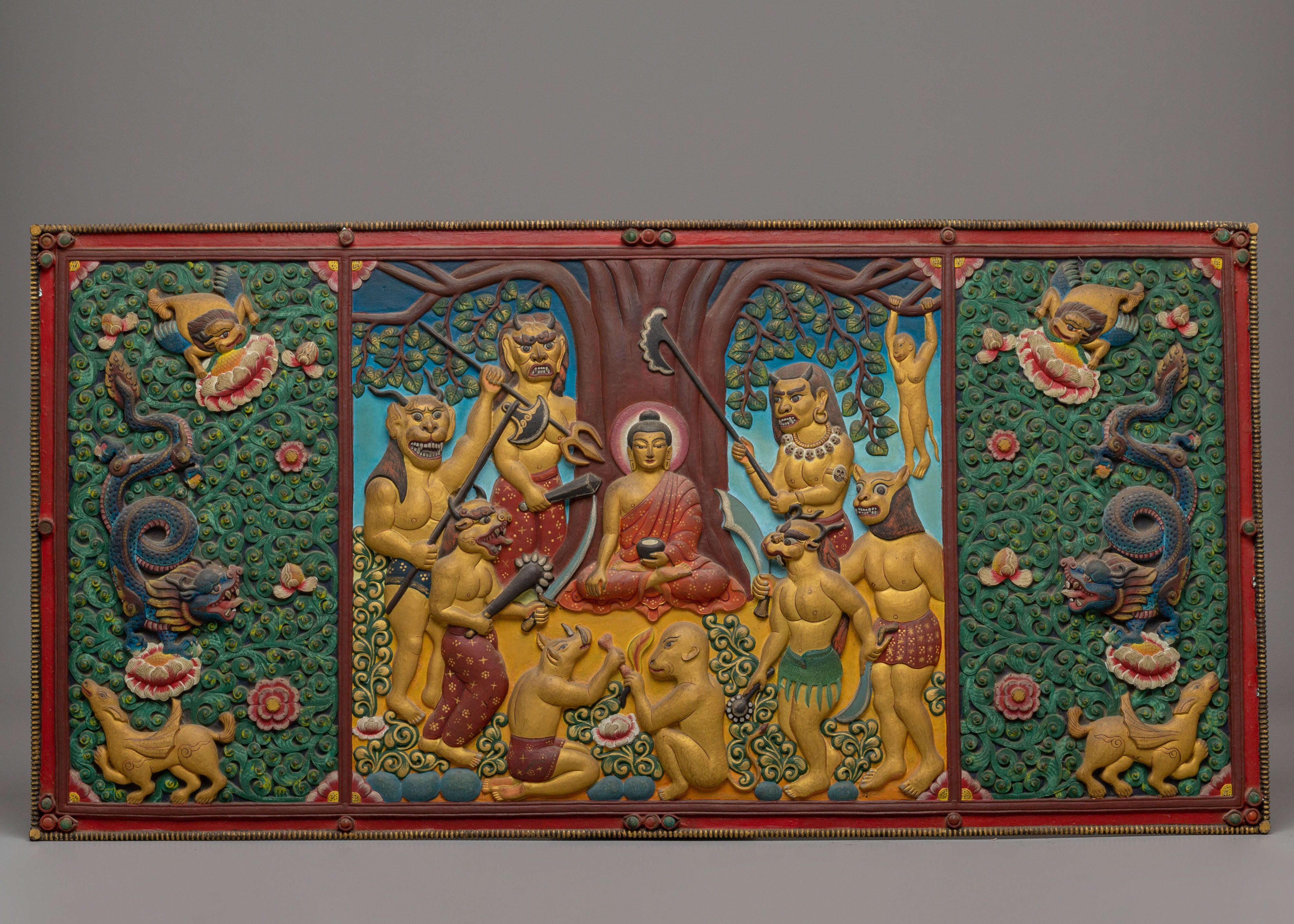 Meditating Shakyamuni Buddha Wall Hanging | Enlightenment Scene with Mara