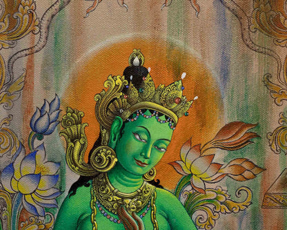 Eternal Guidance With Green Tara Thangka Print | Traditional Mother Tara | Gift Ideas