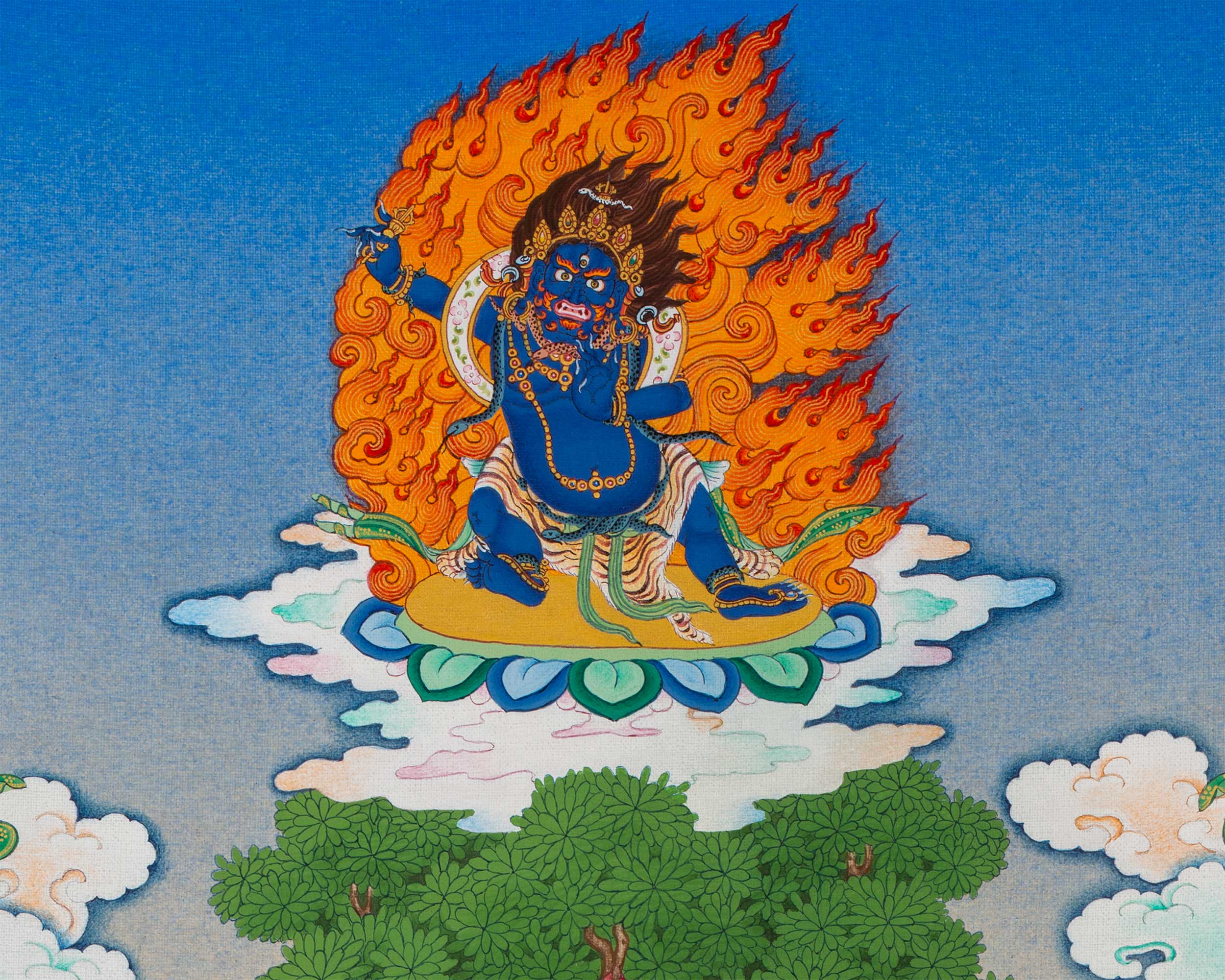 Thangka Print of White Mahakala with Five Jambala: Assembly of Wealth Deities