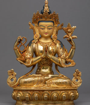 Four Armed Chenrezig Gold Sculpture 
