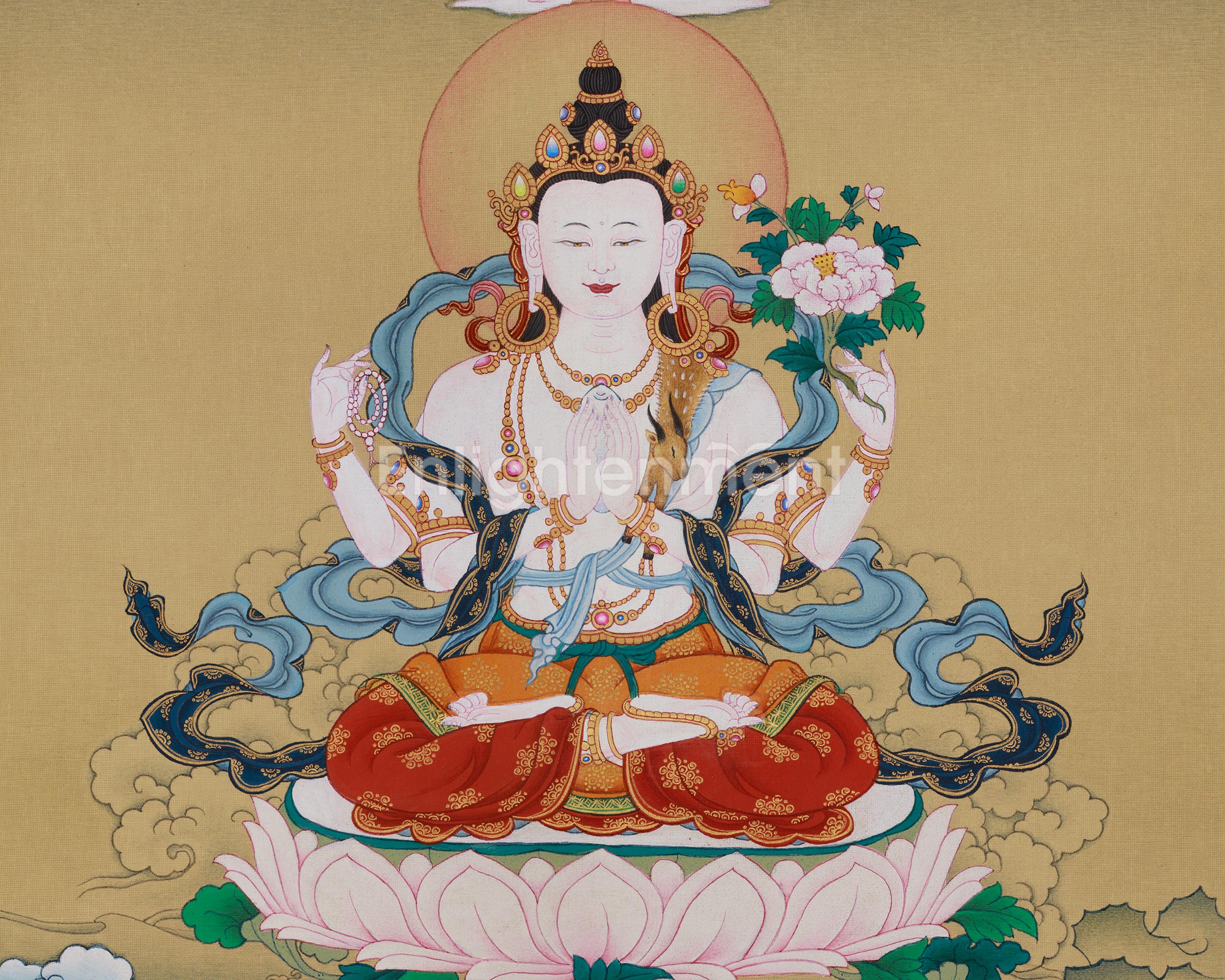 Divine Chenrezig with Amitabha Buddha Thangka | Compassion Deity Art