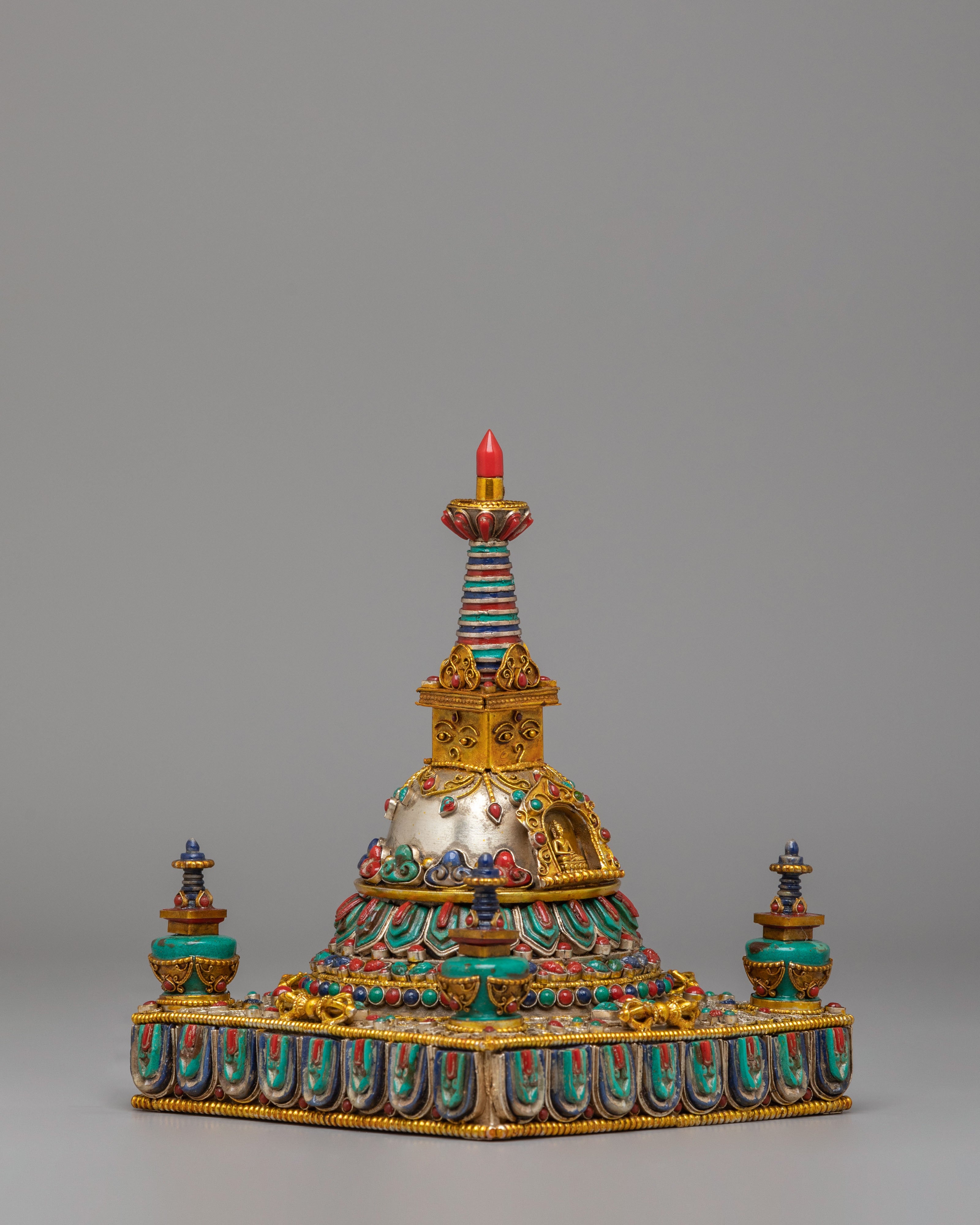 Sacred Tashi Gomang Copper Stupa | Gemstone Inlaid Buddhist Altar