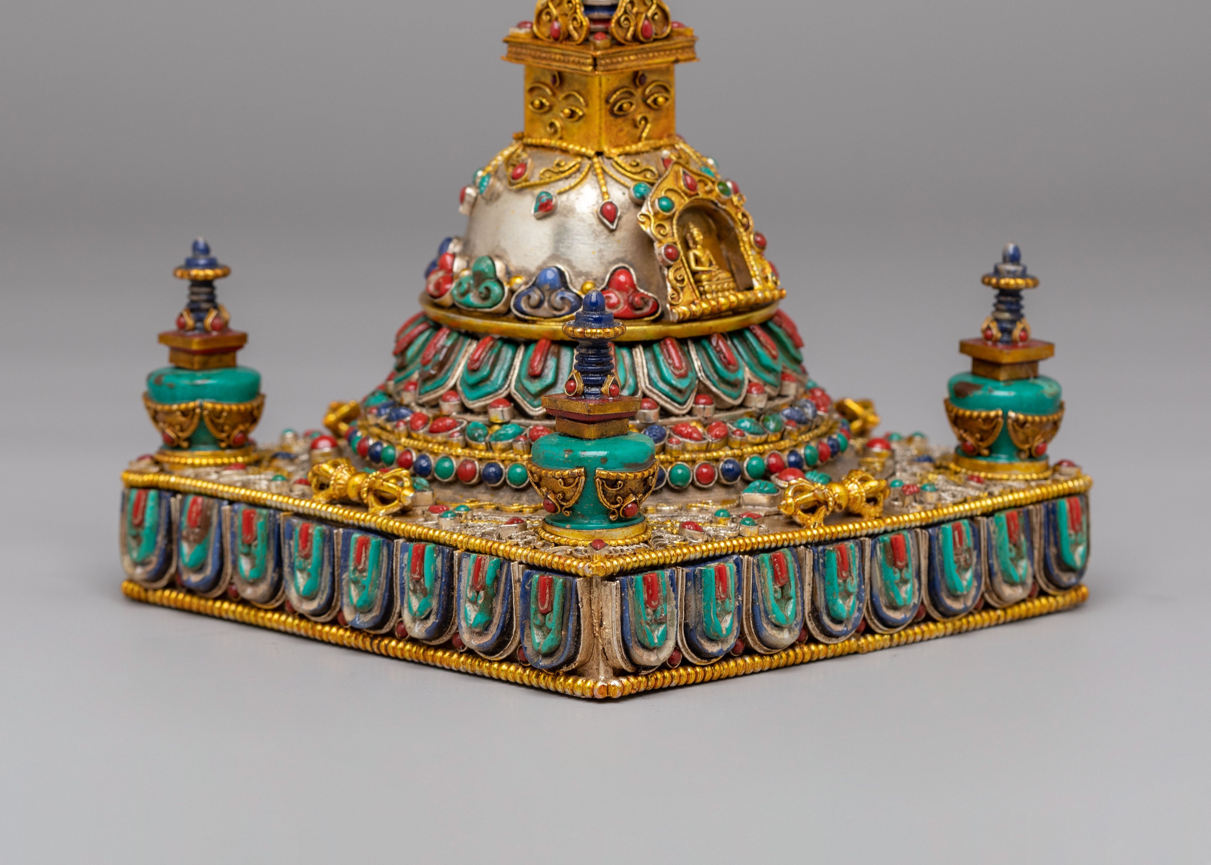 Sacred Tashi Gomang Copper Stupa | Gemstone Inlaid Buddhist Altar