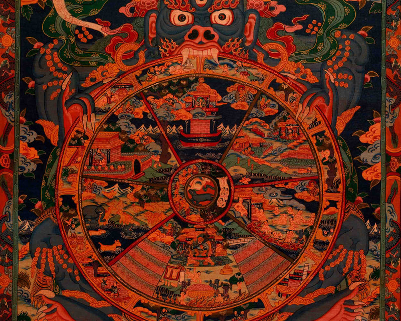 Original Hand-Painted Oil-Varnished Wheel of Life | Samsara or Bhavachakra Mandala