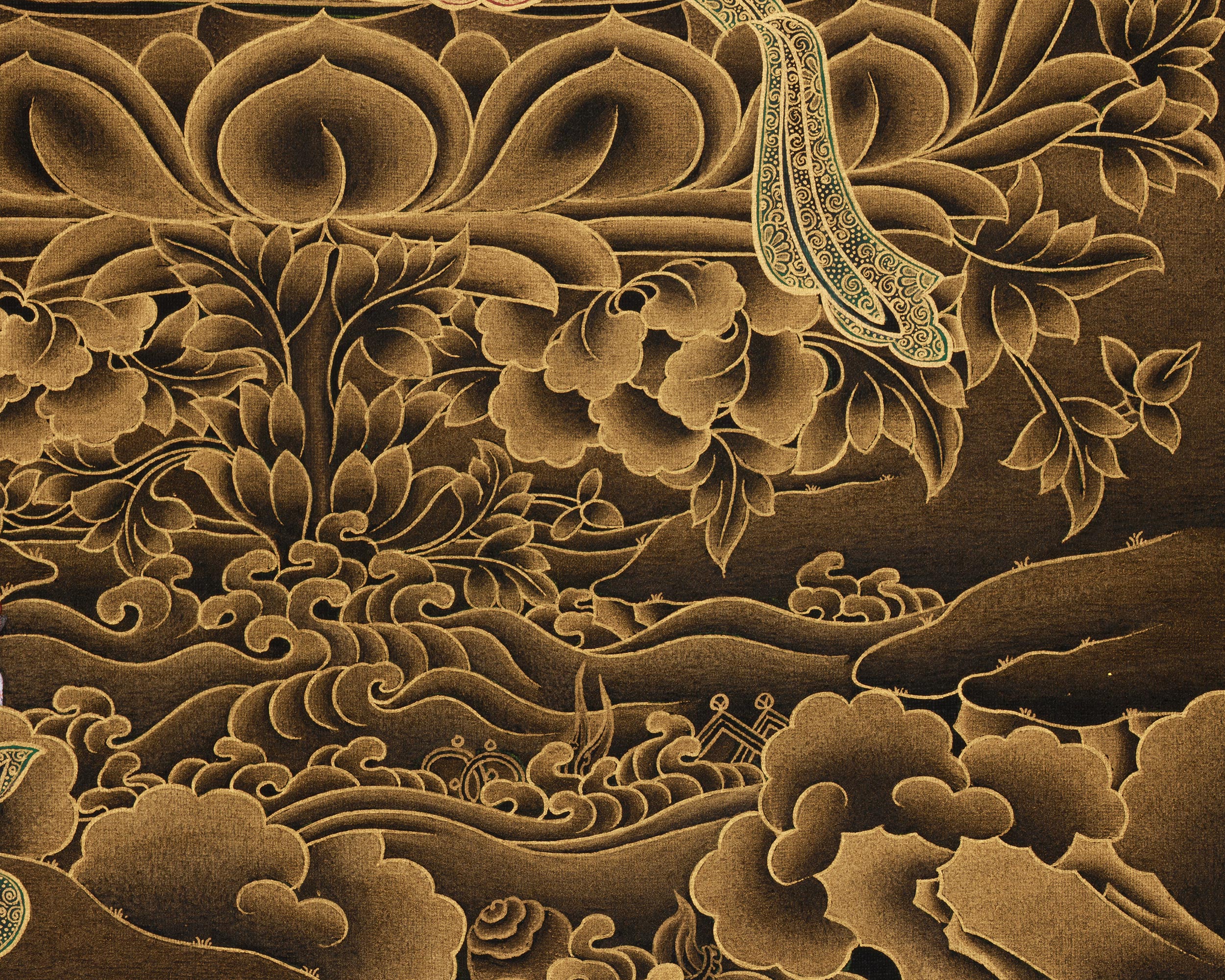 Hand-Painted Three Deities of Long Life: White Tara, Amitayus, and Namgyalma | Gold Embellished Thangka
