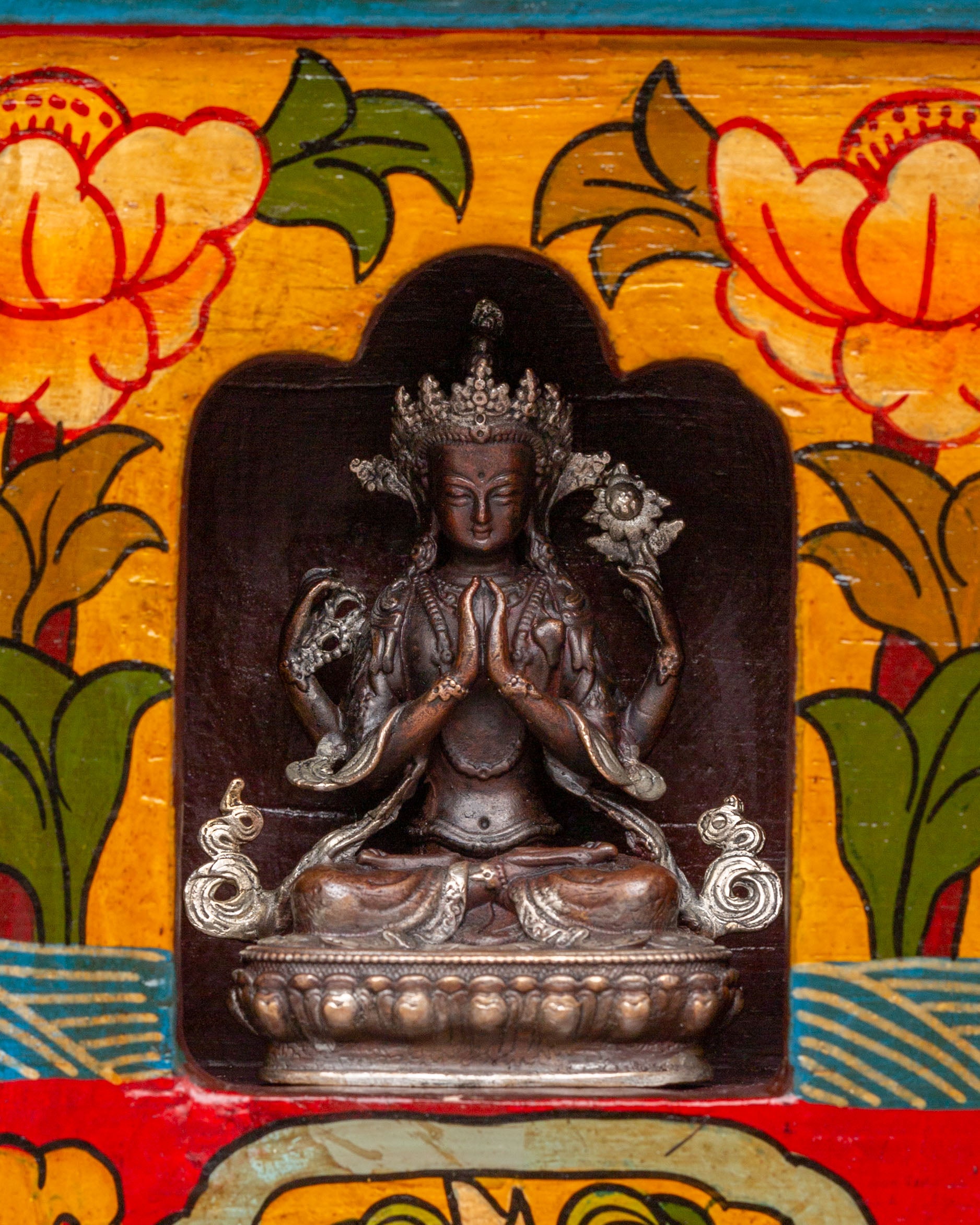 Spiritual Handcrafted Tibetan Altar Box with Deity Statues