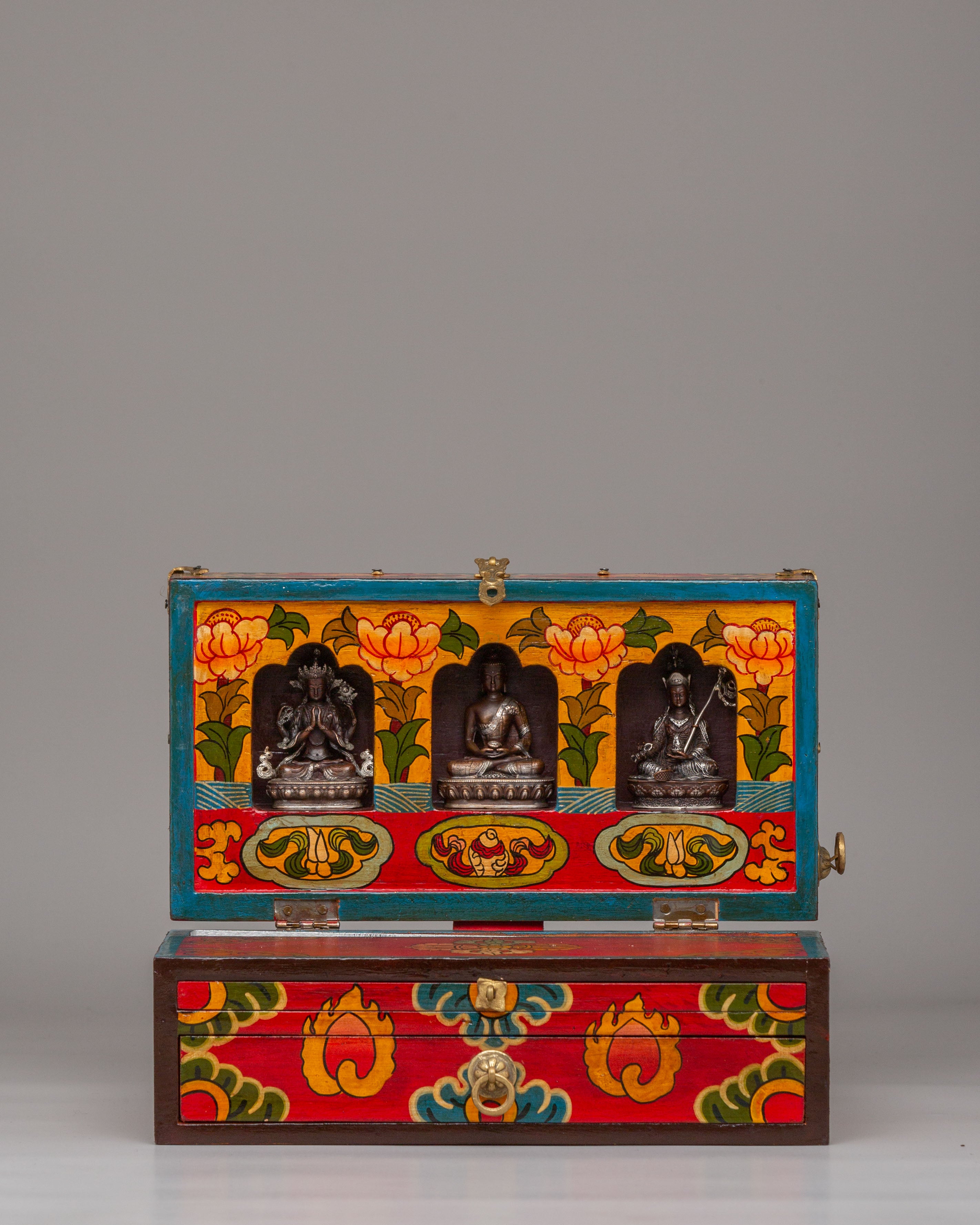 Spiritual Handcrafted Tibetan Altar Box with Deity Statues
