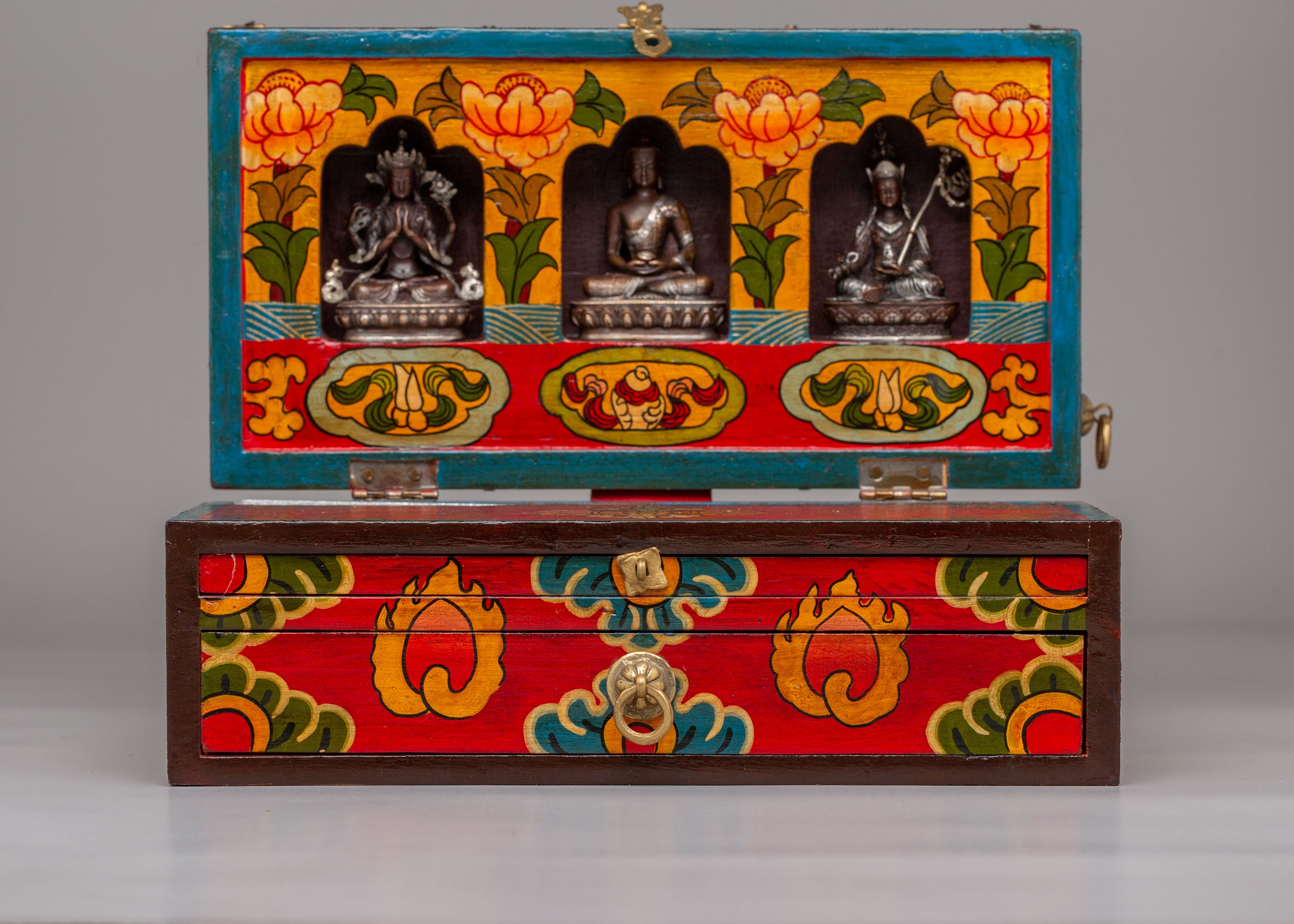 Spiritual Handcrafted Tibetan Altar Box with Deity Statues