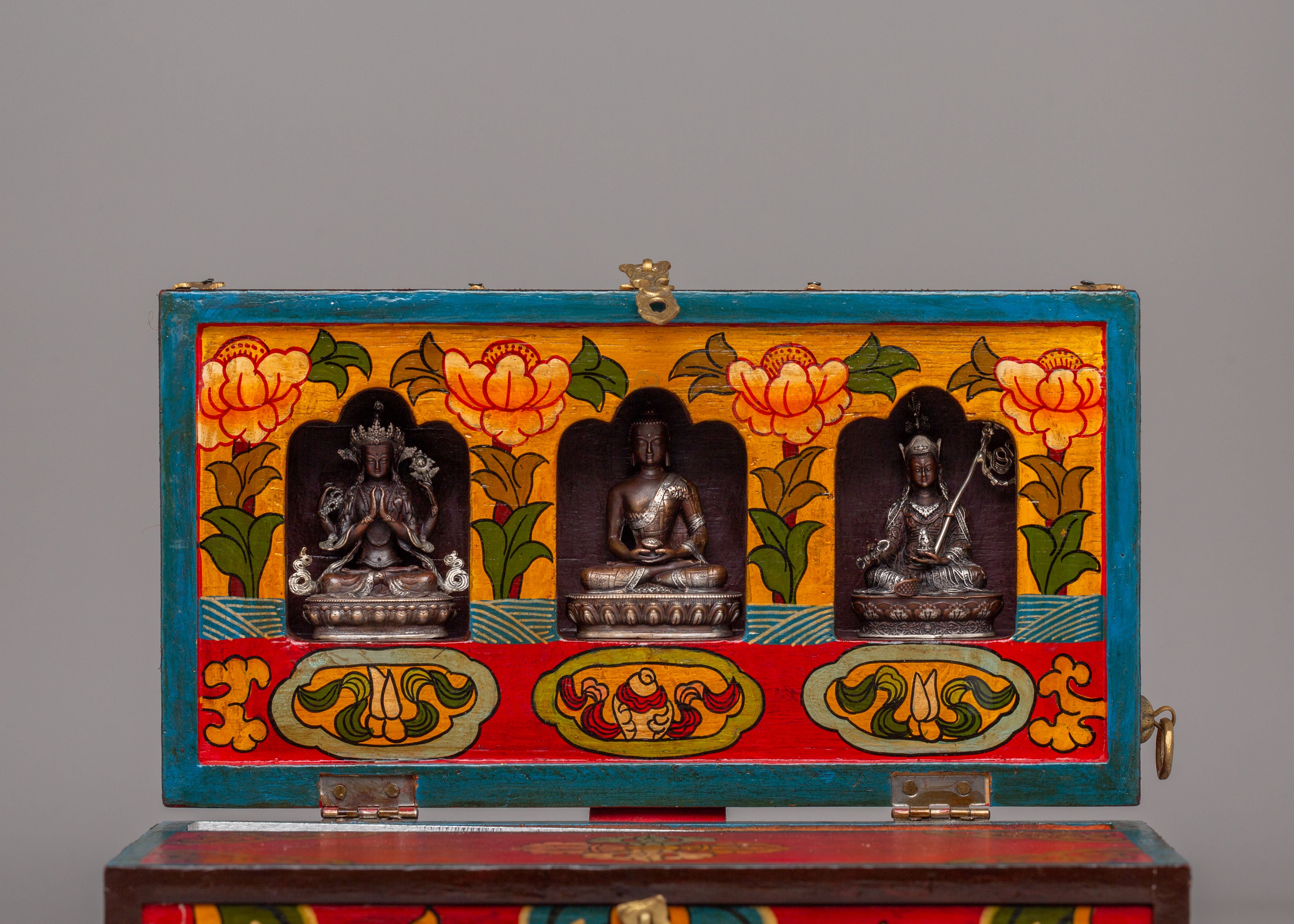 Spiritual Handcrafted Tibetan Altar Box with Deity Statues