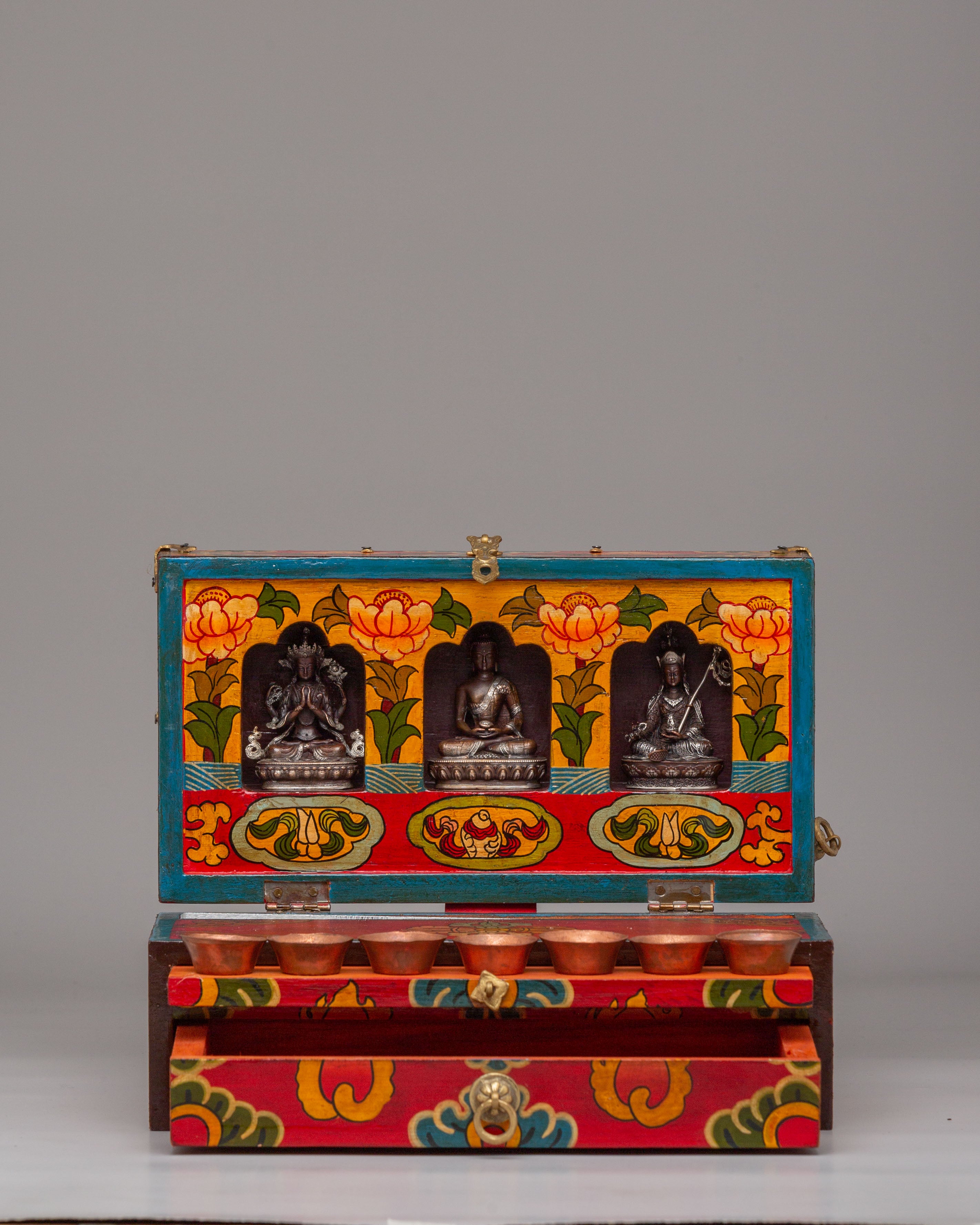 Spiritual Handcrafted Tibetan Altar Box with Deity Statues