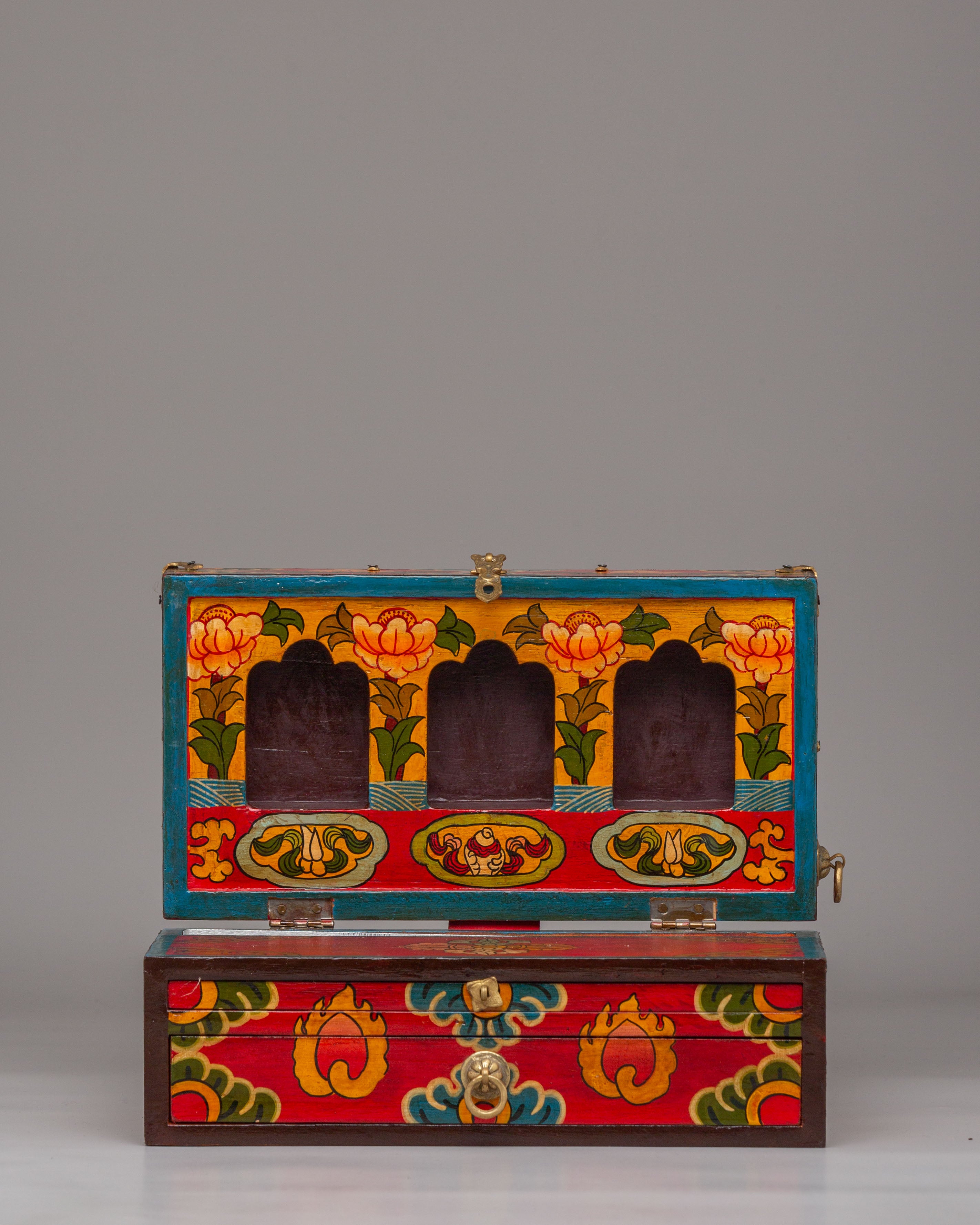 Spiritual Handcrafted Tibetan Altar Box with Deity Statues