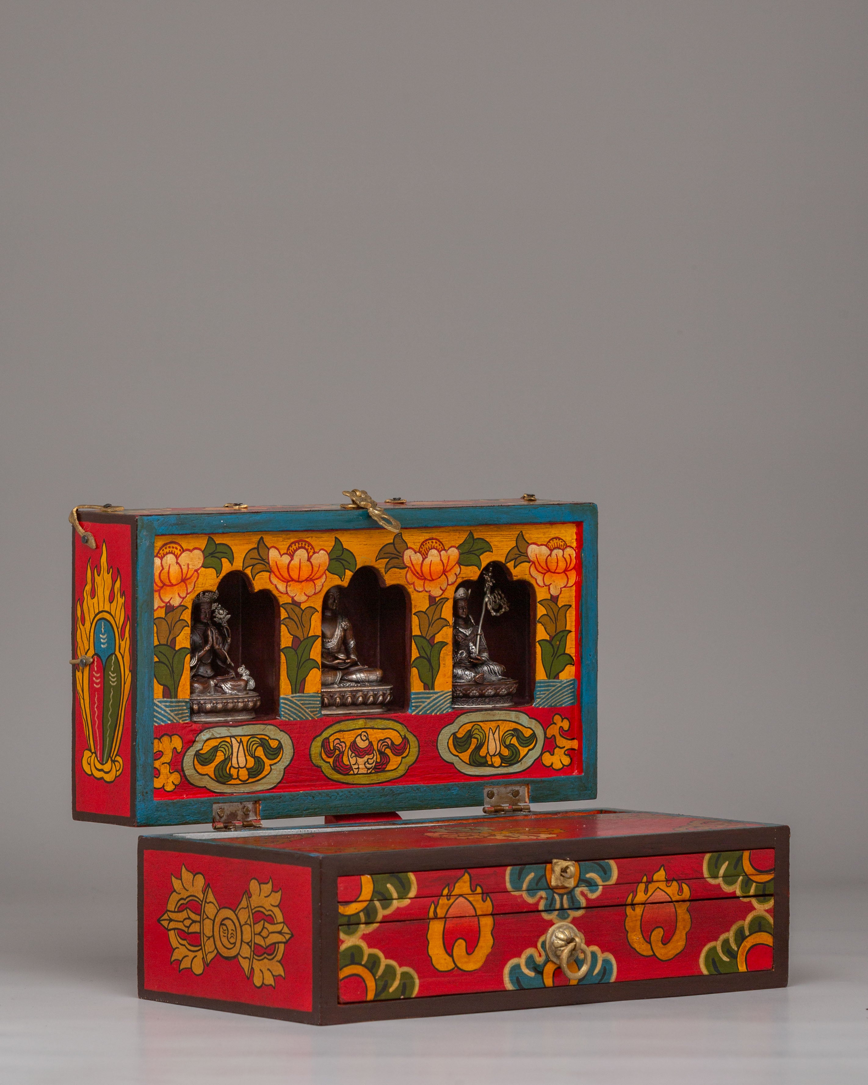 Spiritual Handcrafted Tibetan Altar Box with Deity Statues