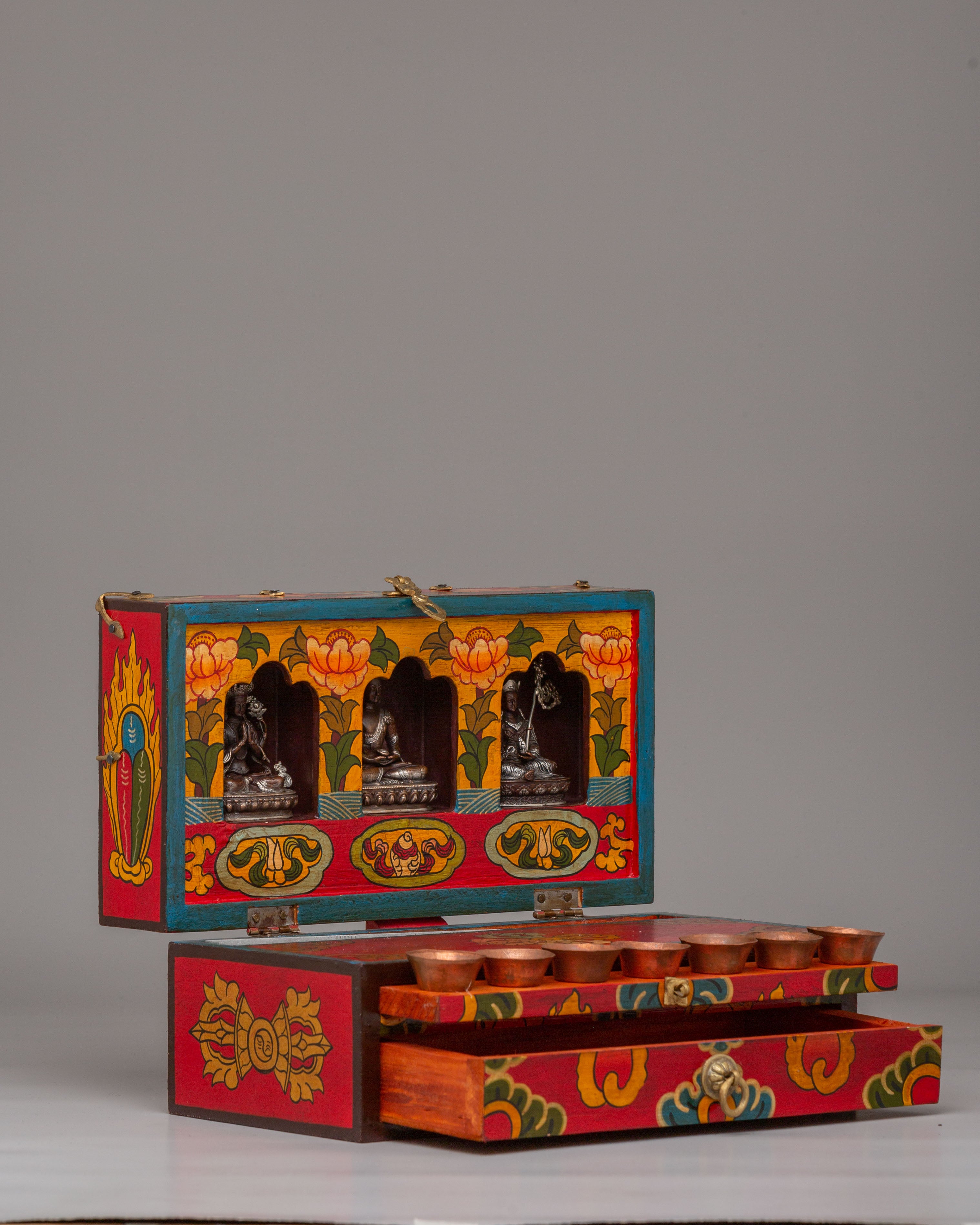 Spiritual Handcrafted Tibetan Altar Box with Deity Statues