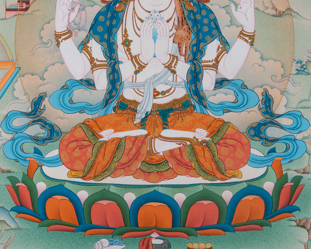 4 Armed Avalokiteshvara Thangka Print | Bodhisattva Avalokiteshvara With Buddha Amitabha