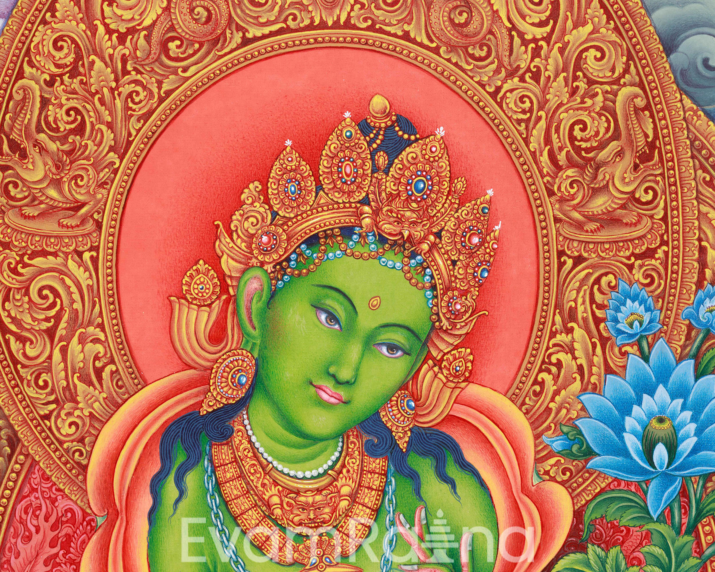 Jetsun Dolma Thangka Print | Goddess Green Tara Art Print | Traditional Wall Decors