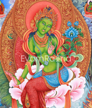 Jetsun Dolma Thangka Print | Goddess Green Tara Art Print | Traditional Wall Decors