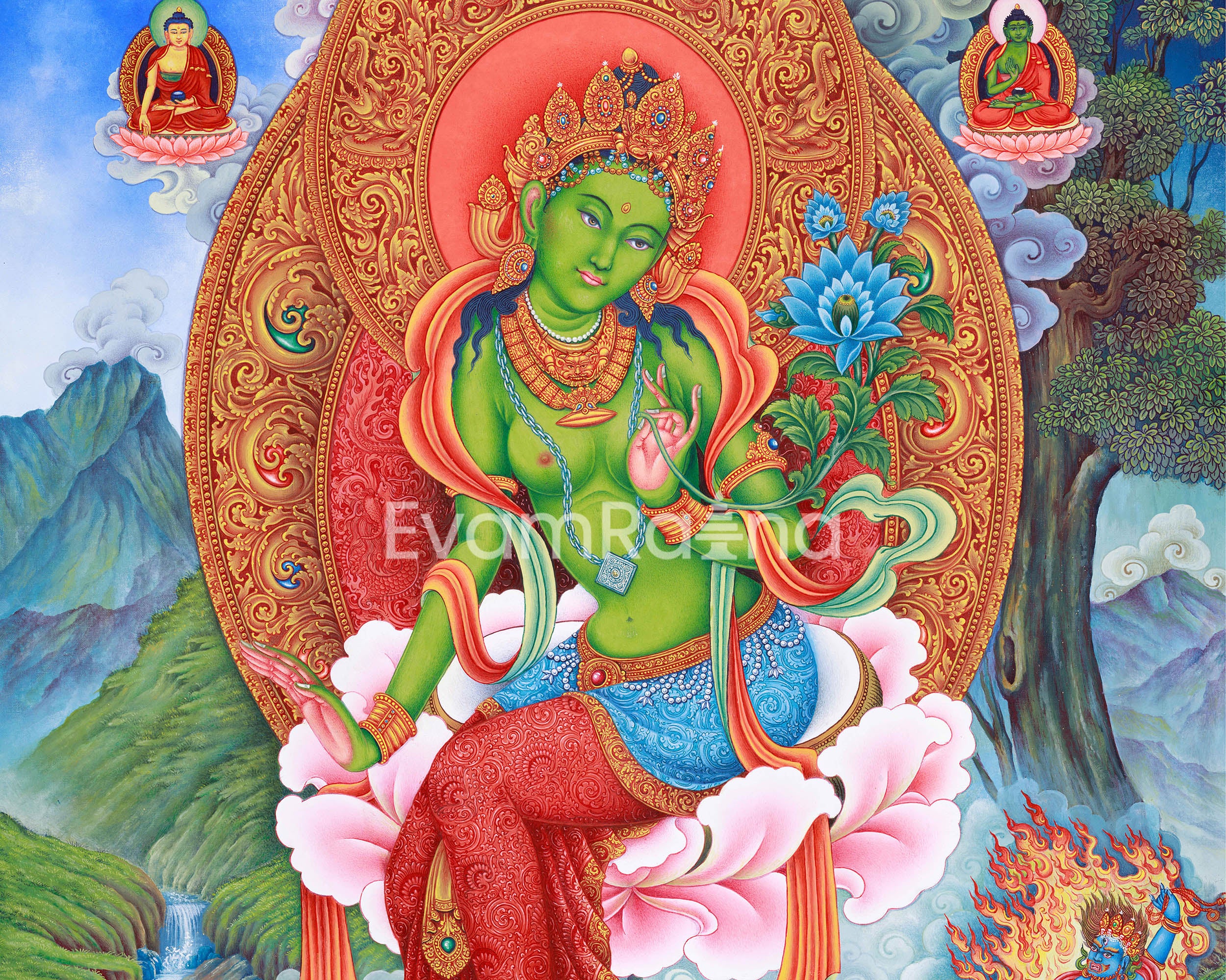 Jetsun Dolma Thangka Print | Goddess Green Tara Art Print | Traditional Wall Decors