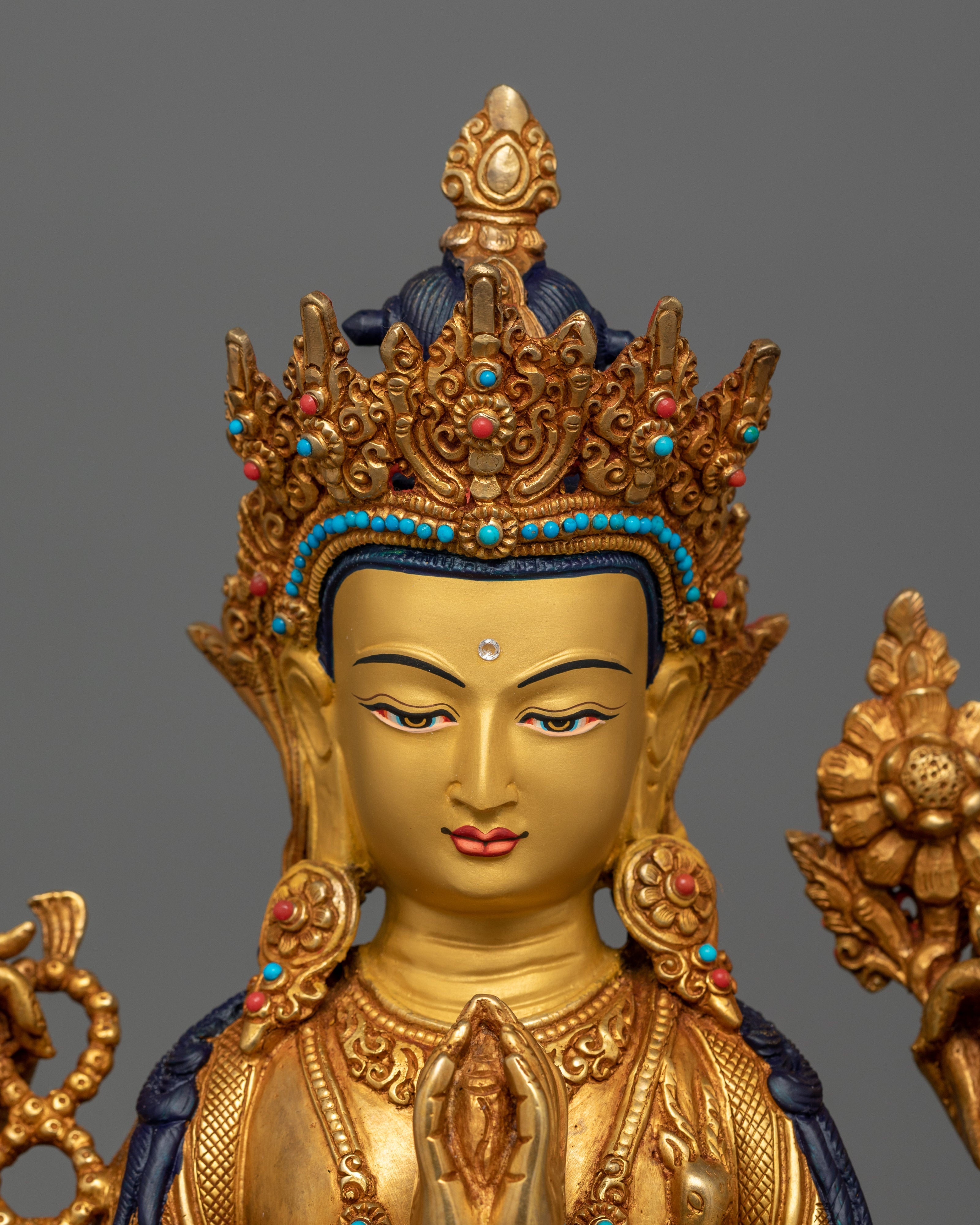 Handmade Chenrezig Serene Deity | 24K Gold Gilded Copper Statue