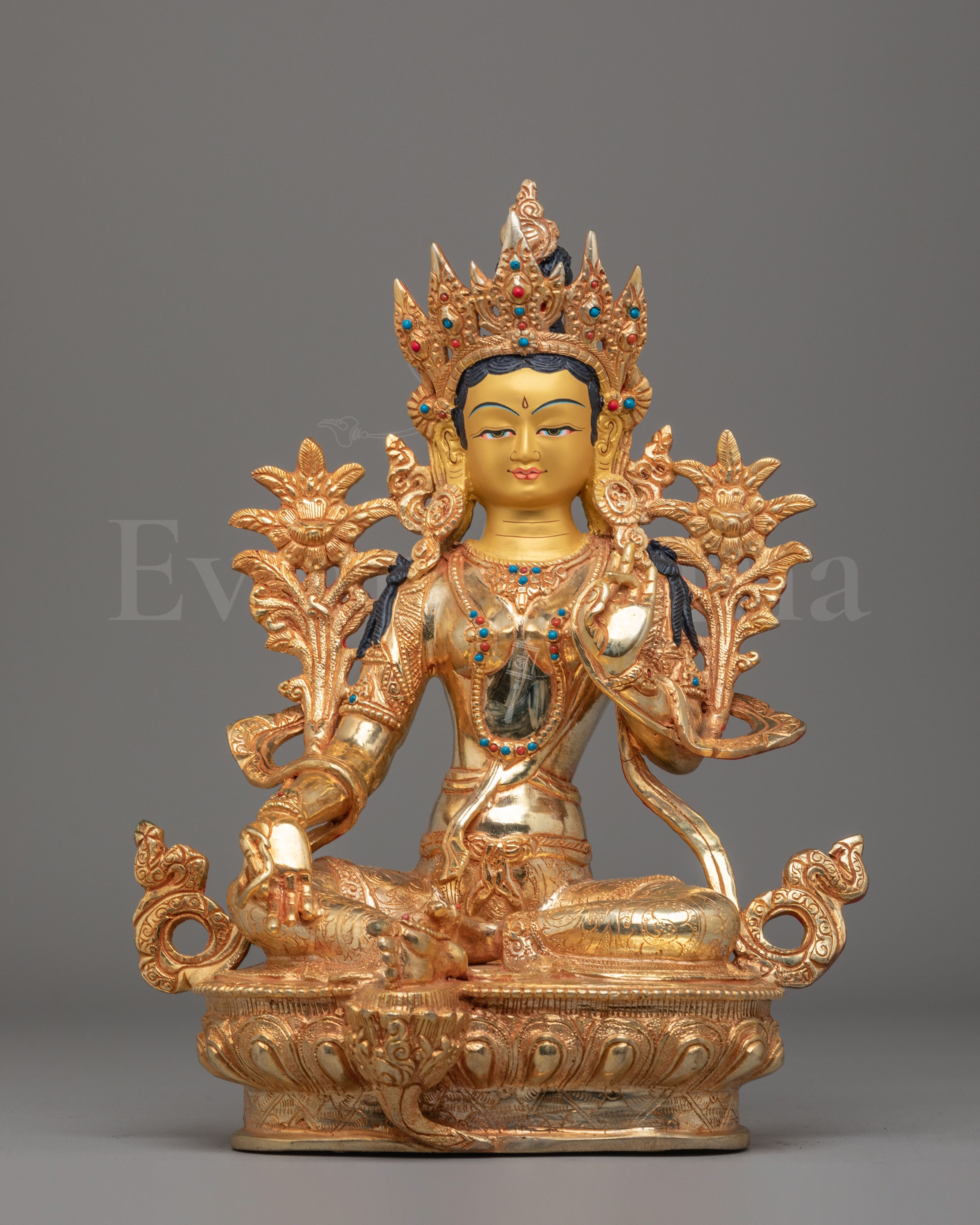 Sacred Green Tara Sculpture | Copper Body with 24K Gold Plating and Gemstones