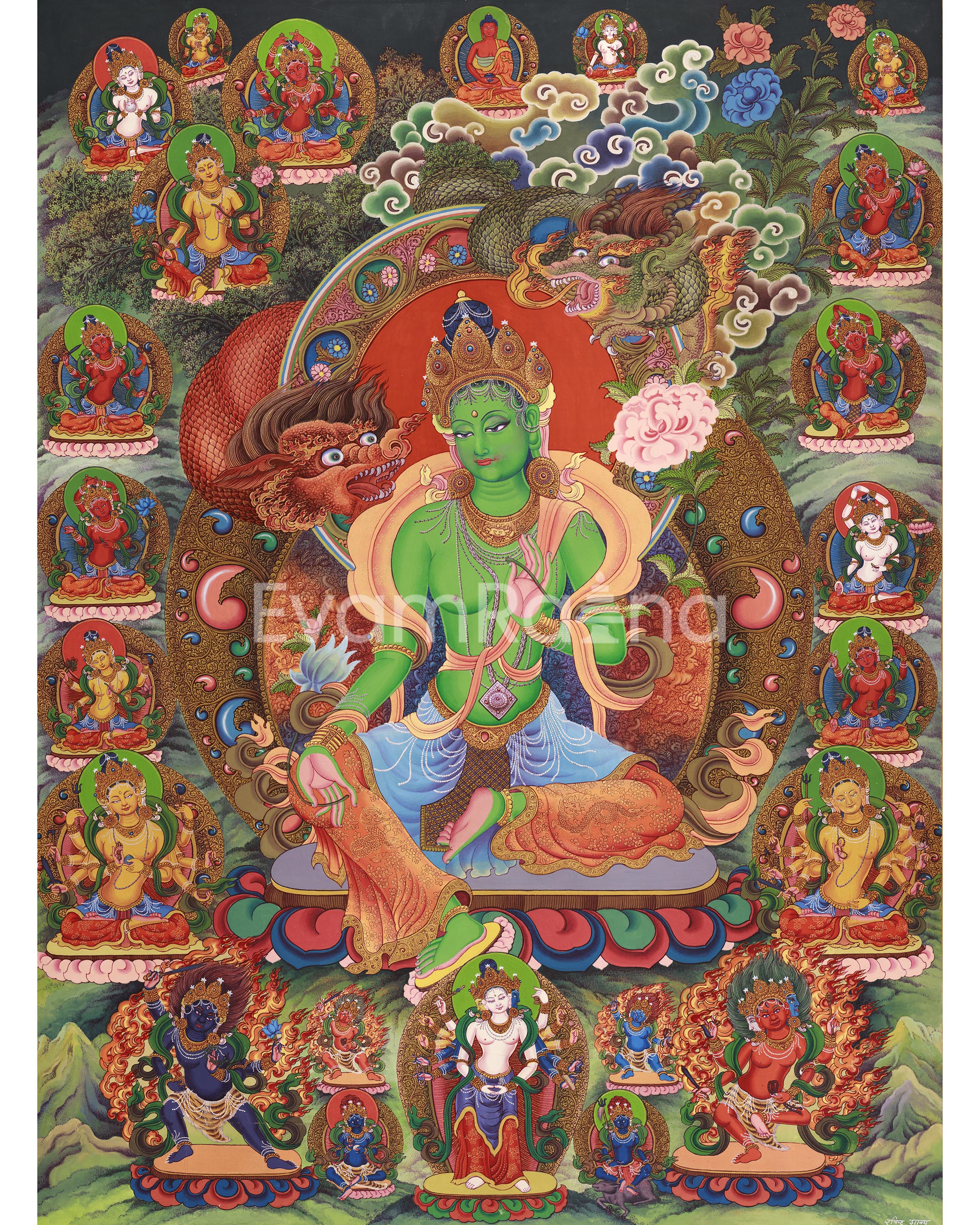 Green Tara Thangka Print for Spiritual Liberation