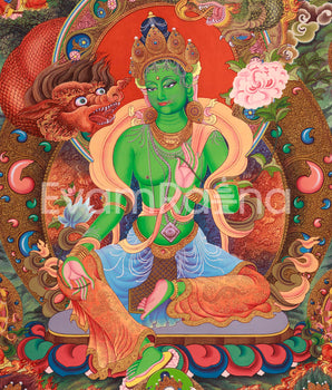 Green Tara Thangka Print for Spiritual Liberation | Traditional Digital Canvas Of Arya Tara | The Mother of Liberation