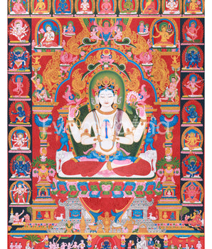 Thangka Print Of Avalokiteshvara | Artwork Of 4-Armed Chenrezig | The Bodhisattva of Compassion