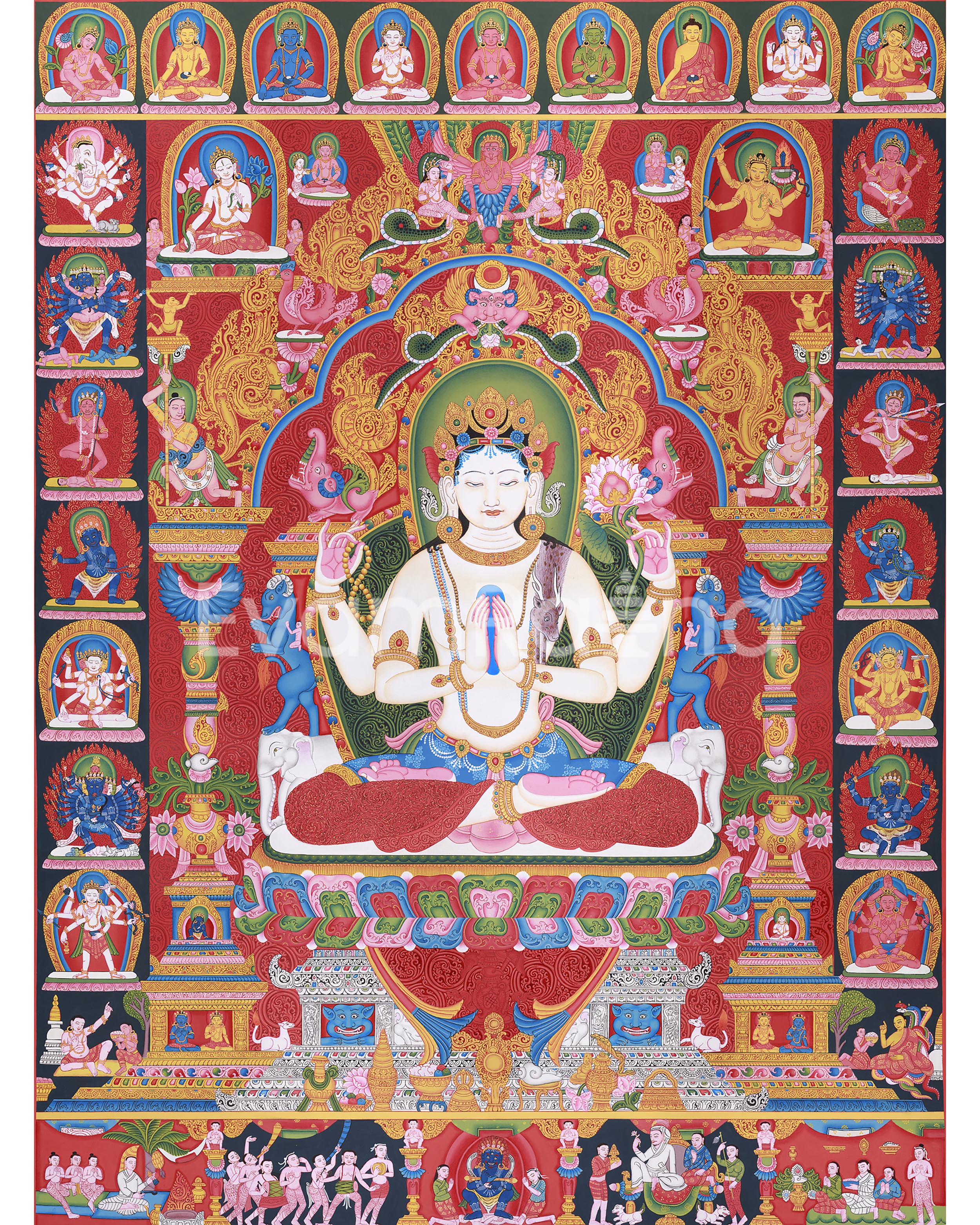 Thangka Print Of Avalokiteshvara | Artwork Of 4-Armed Chenrezig | The Bodhisattva of Compassion