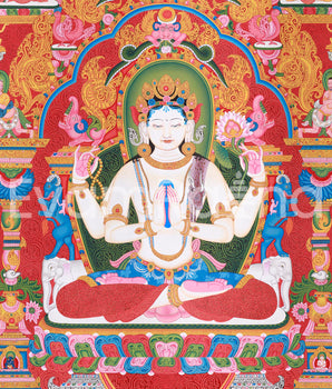 Thangka Print Of Avalokiteshvara | Artwork Of 4-Armed Chenrezig | The Bodhisattva of Compassion