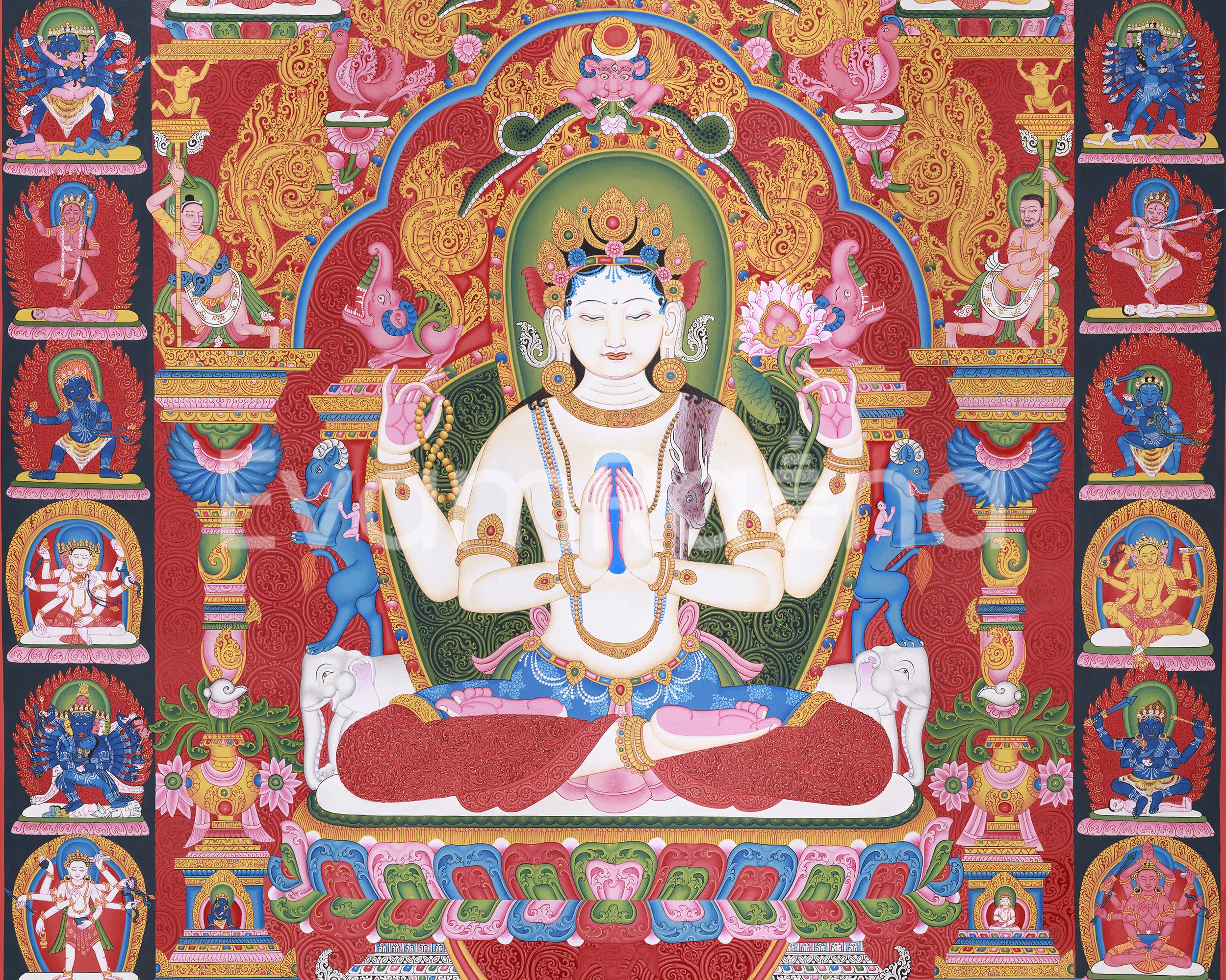 Thangka Print Of Avalokiteshvara | Artwork Of 4-Armed Chenrezig | The Bodhisattva of Compassion