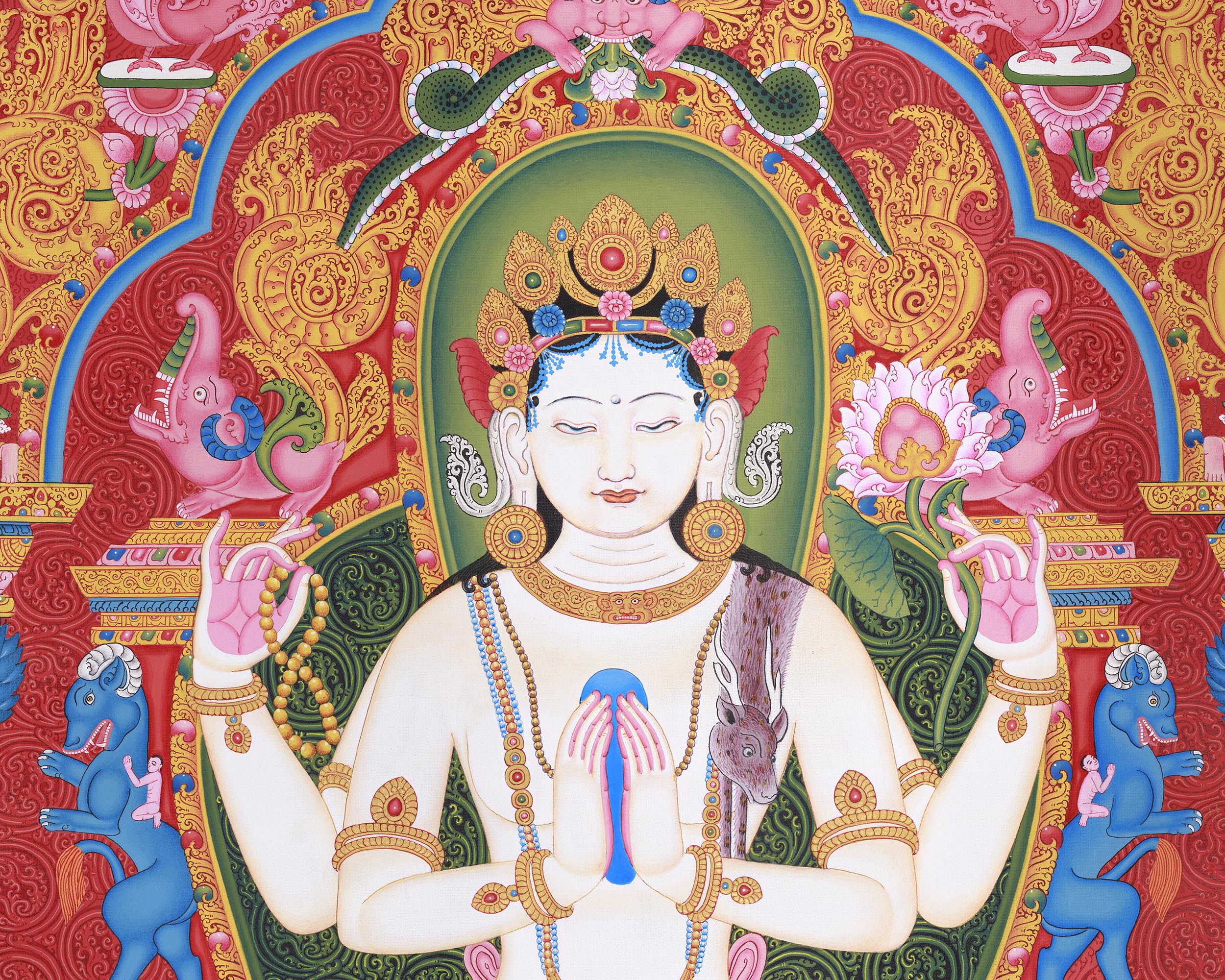 Thangka Print Of Avalokiteshvara | Artwork Of 4-Armed Chenrezig | The Bodhisattva of Compassion