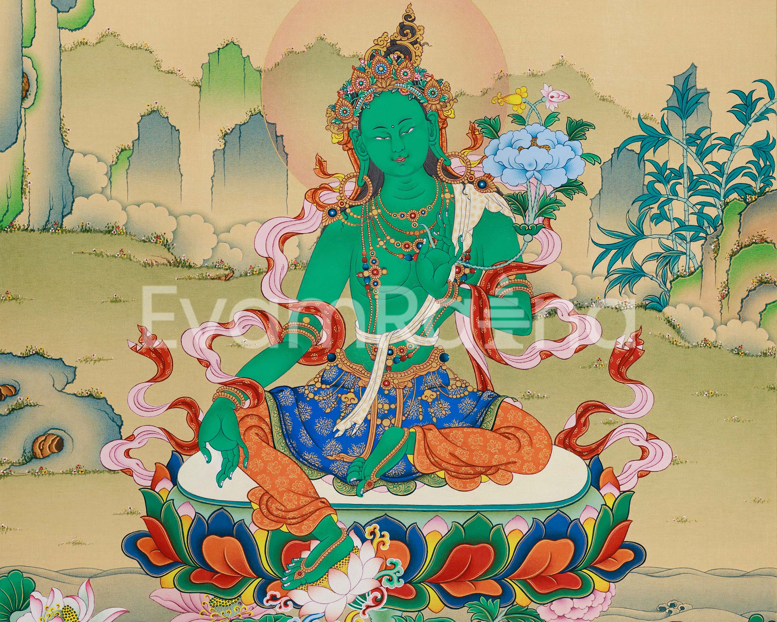 Green Tara Divine Tapestry Thangka Print | Spiritual Elegance for Your Space