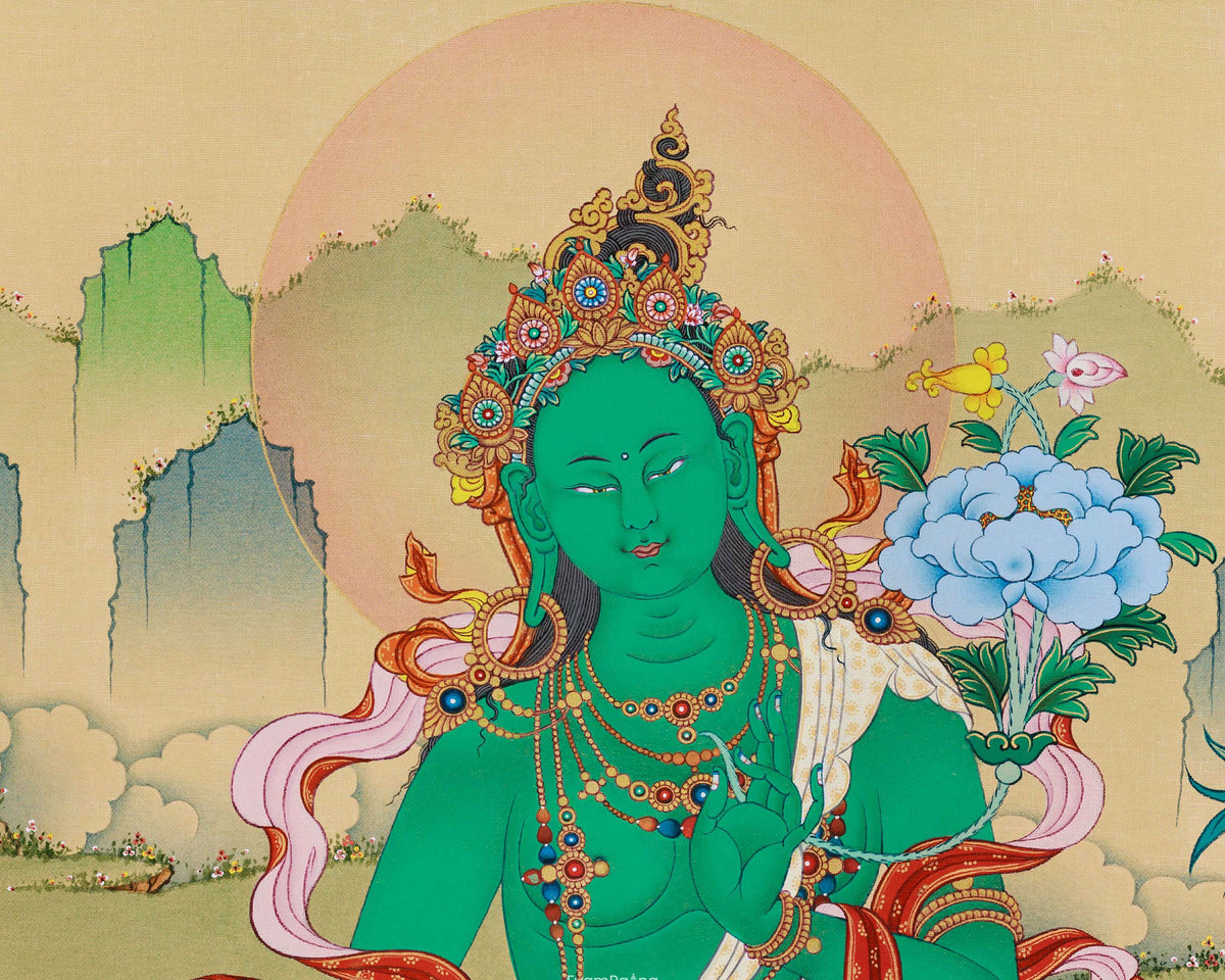 Green Tara Divine Tapestry Thangka Print | Spiritual Elegance for Your Space