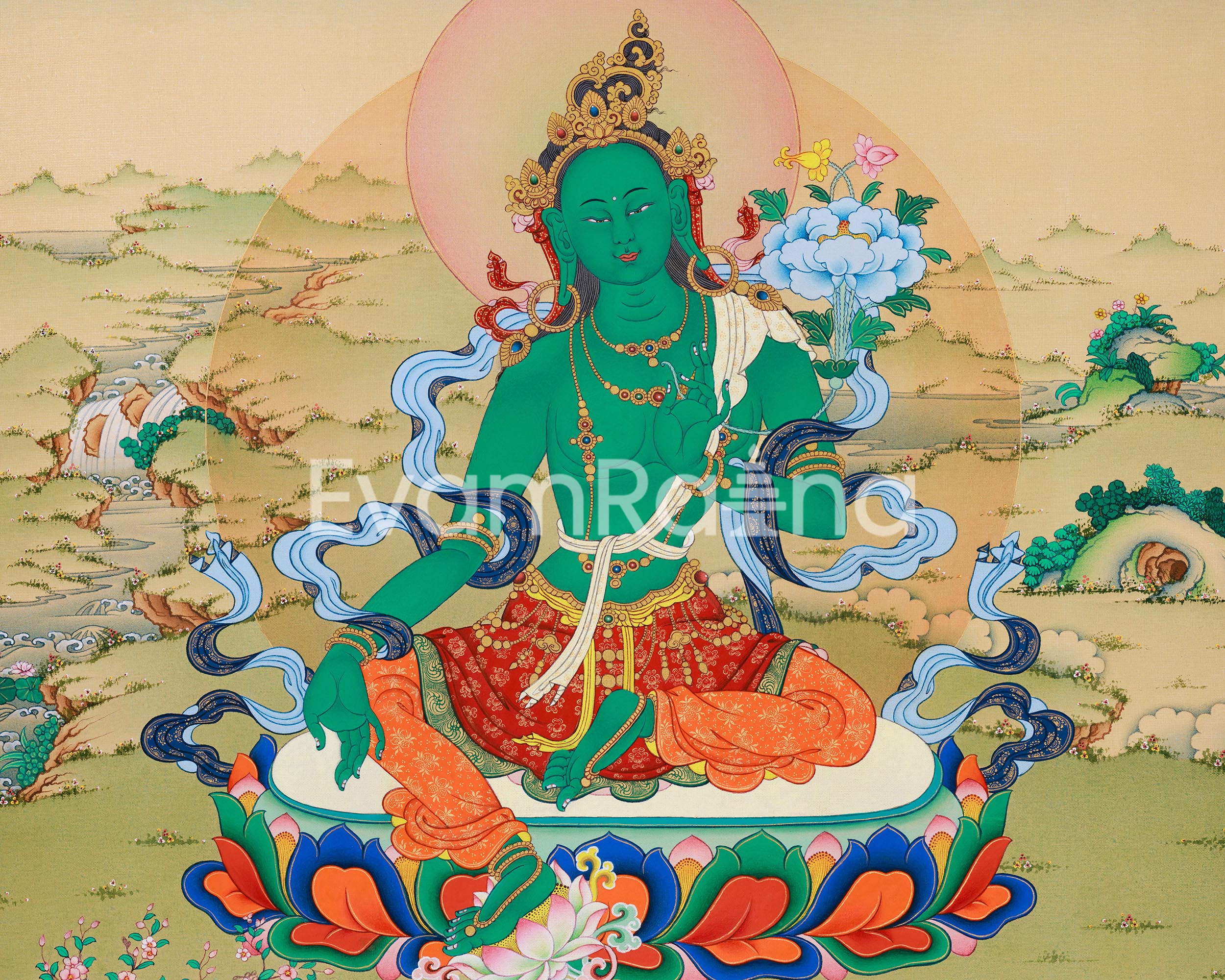 Goddess Green Tara Thangka Print | Guardian of Liberation | Arya Tara For Wall Decoration