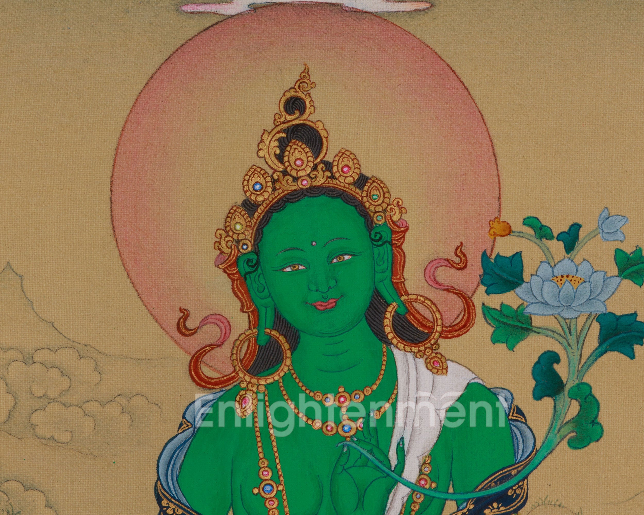 Green Tara With Amitabha Buddha Thangka | Symbolizing Swift Compassion and Protection