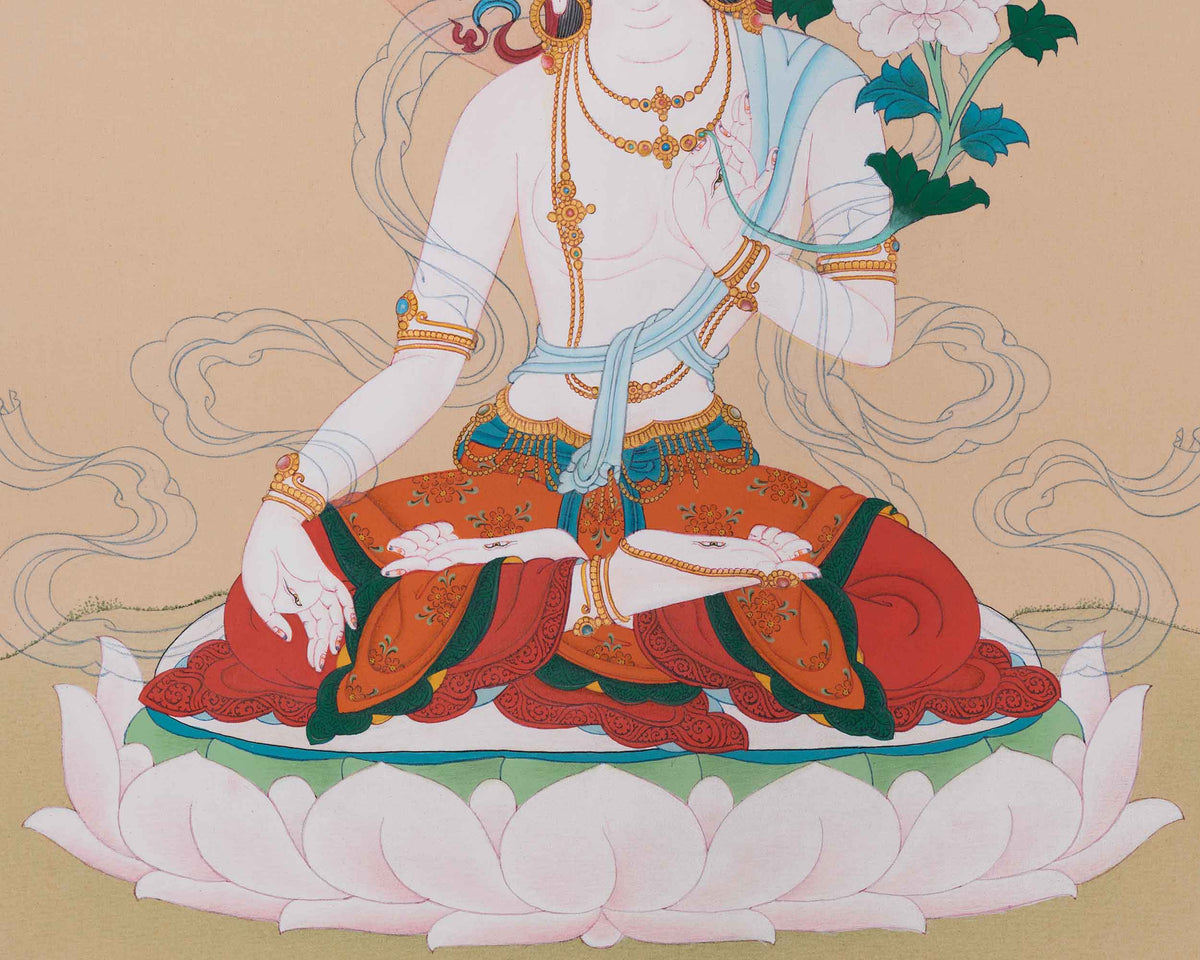 Handmade Longevity Goddess, White Tara Thangka | Female Bodhisattva of Healing