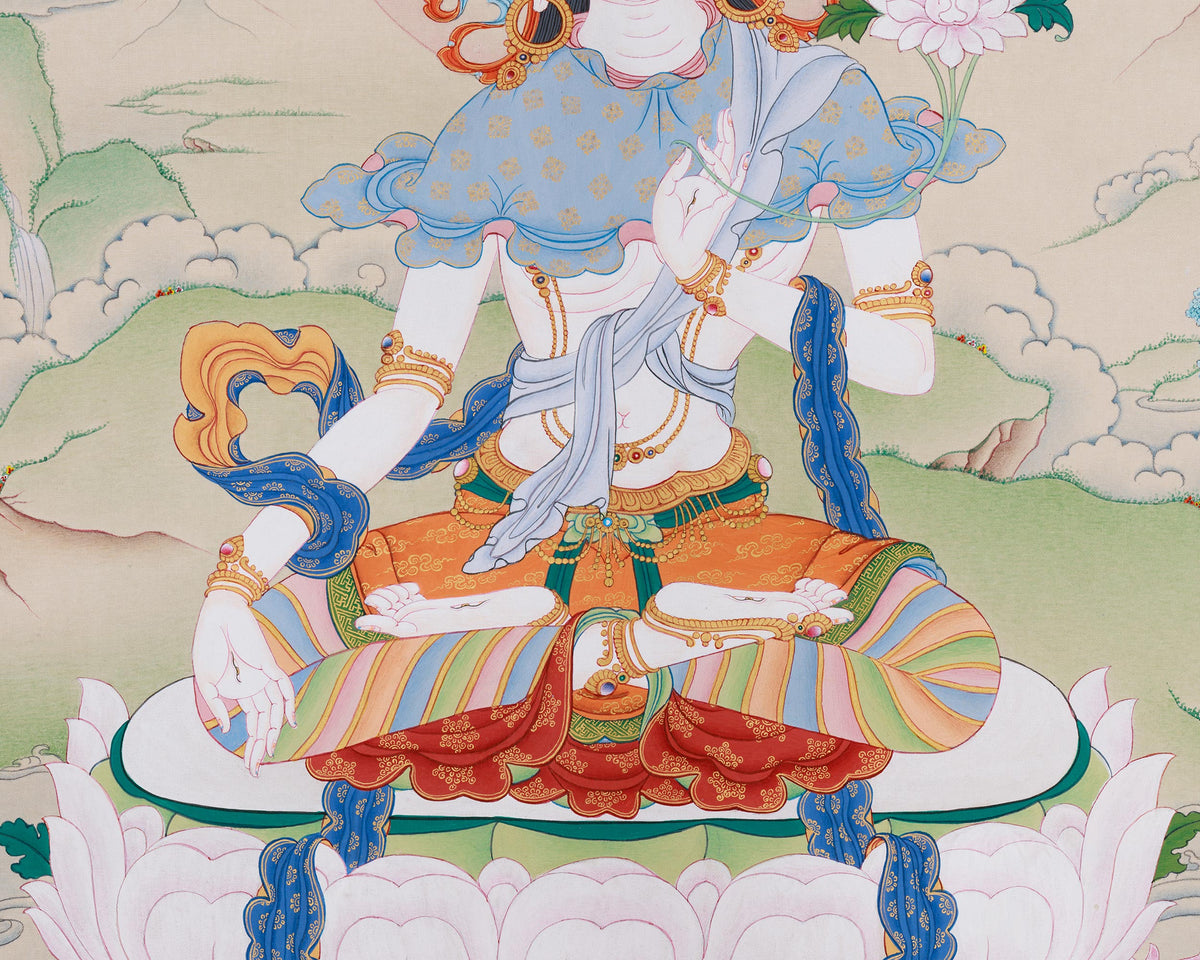 Healing Bodhisattva White Tara | A Divine Thangka of Compassion and Lifelong Wellness