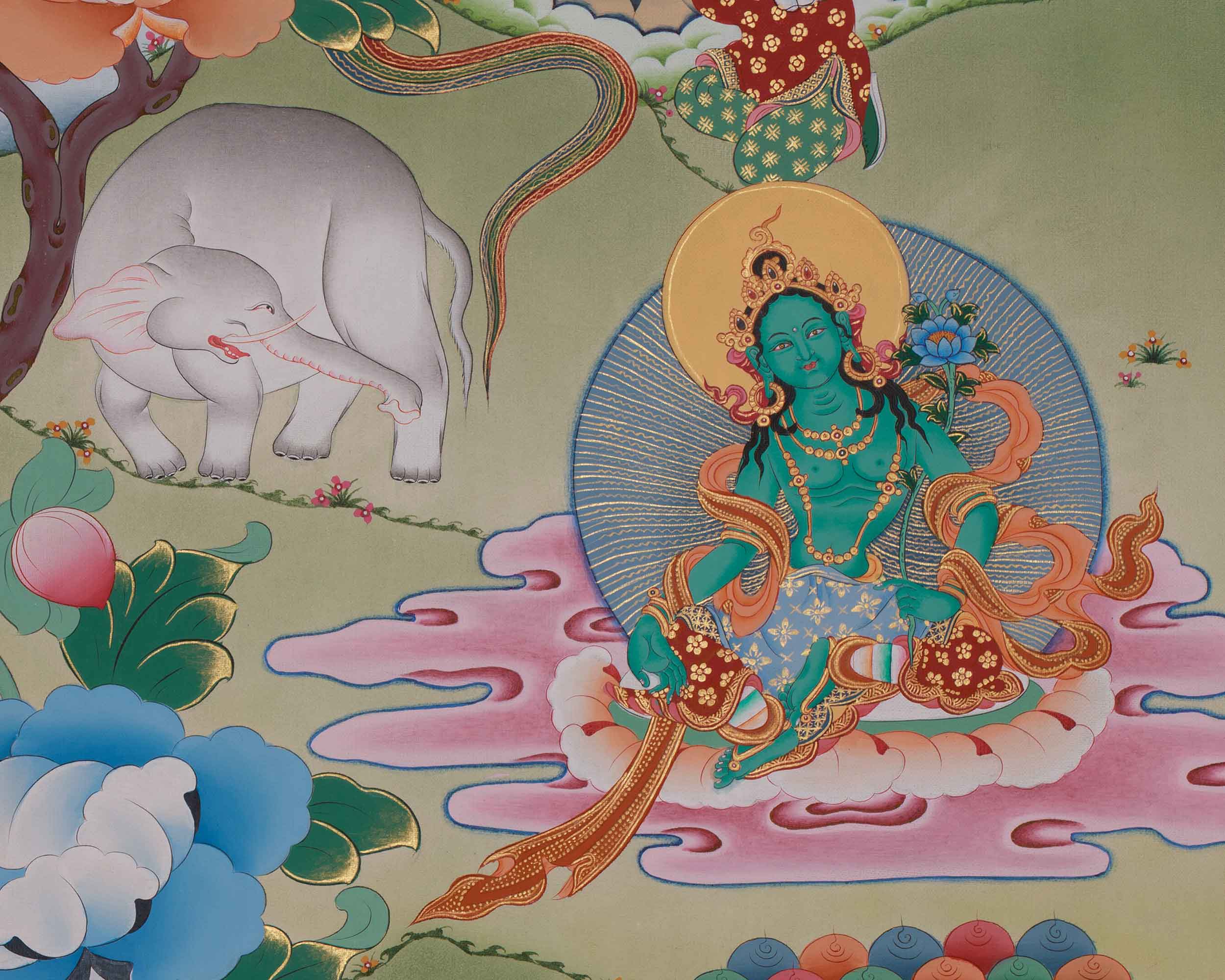 Shyama Tara Buddhist Thangka | Compassionate Goddess Green Tara