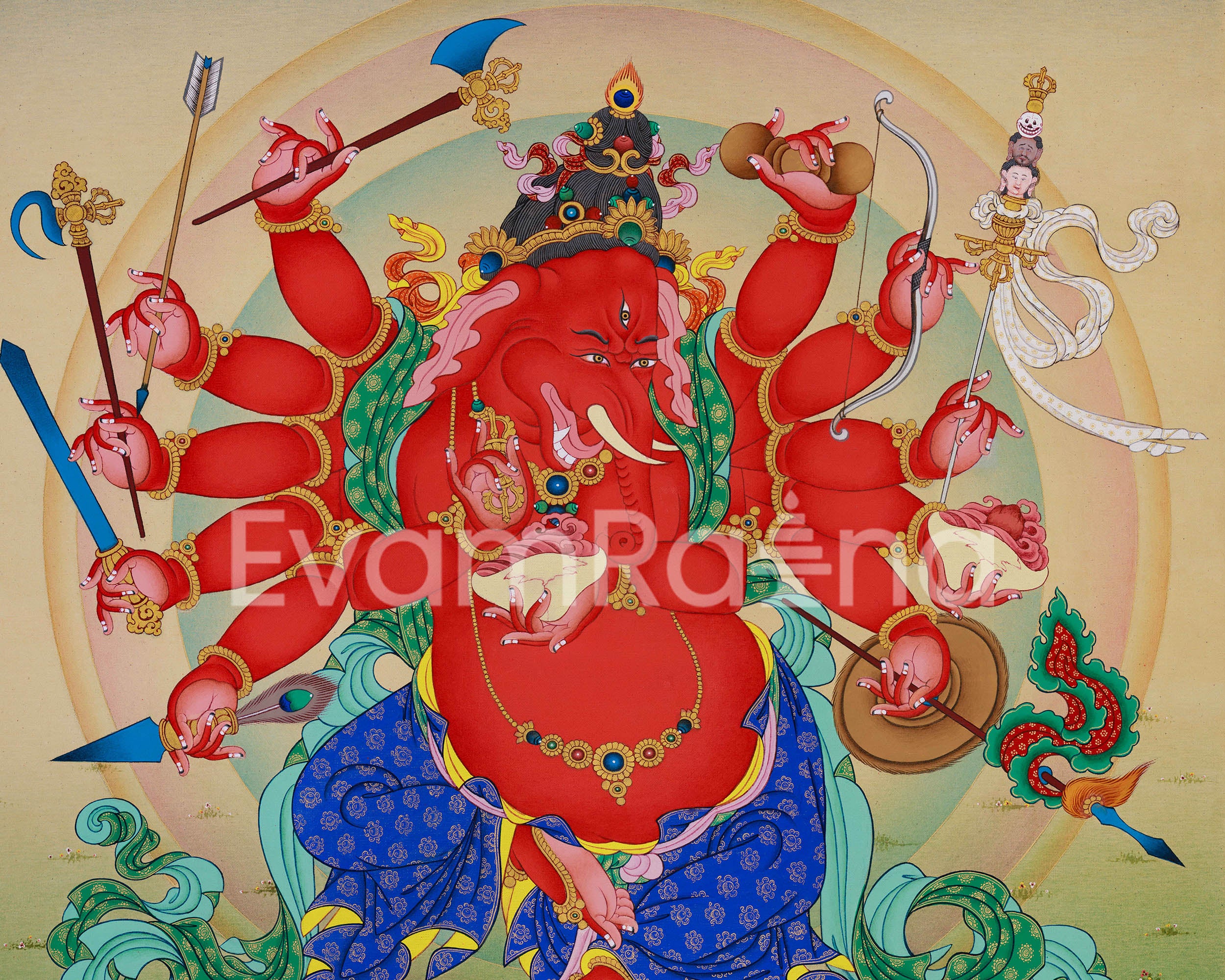 12-Armed Ganesh Thangka Print | Ganapati Artwork | Traditional Tibetan Art