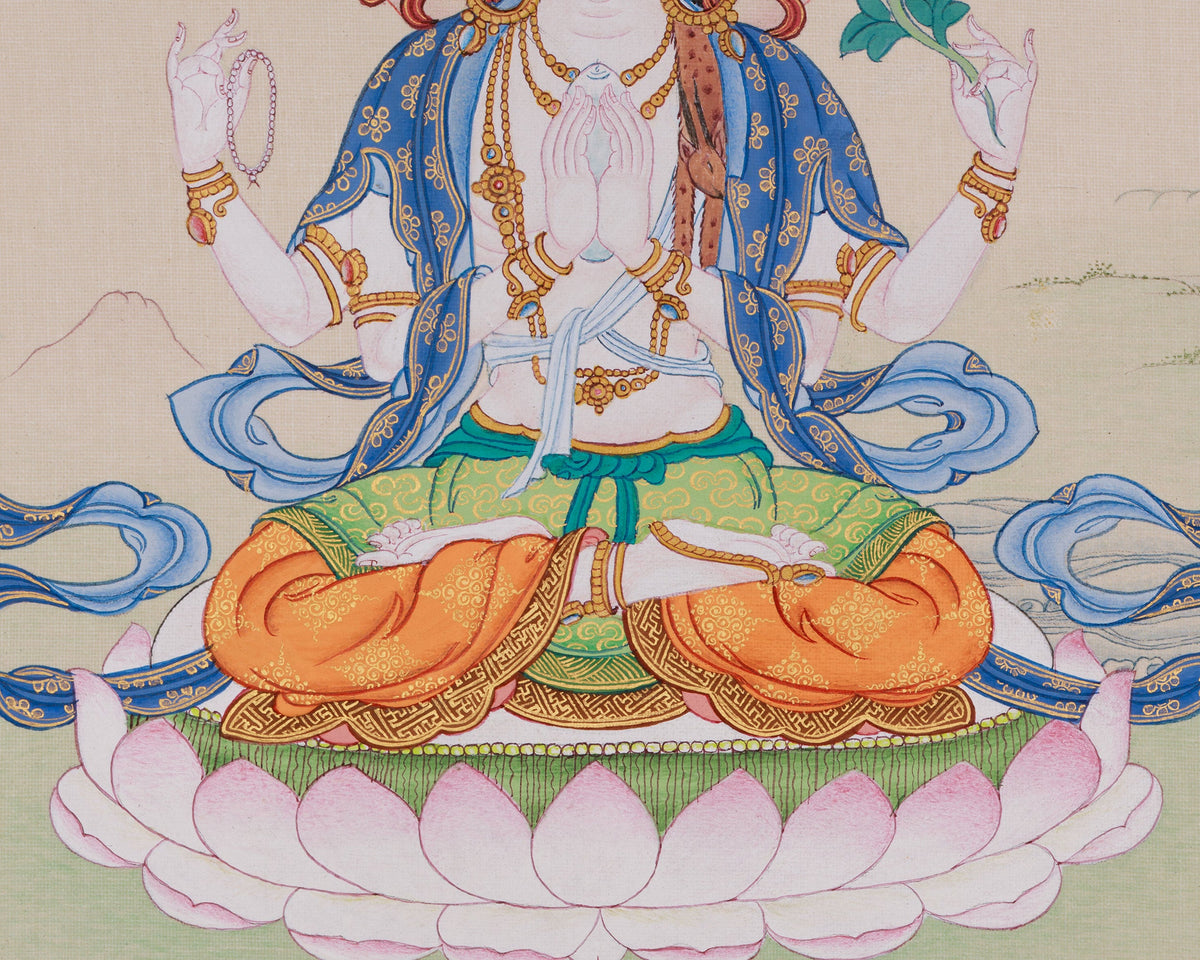 Compassionate Chenrezig Buddha Thangka | Four Armed Avalokiteshvara