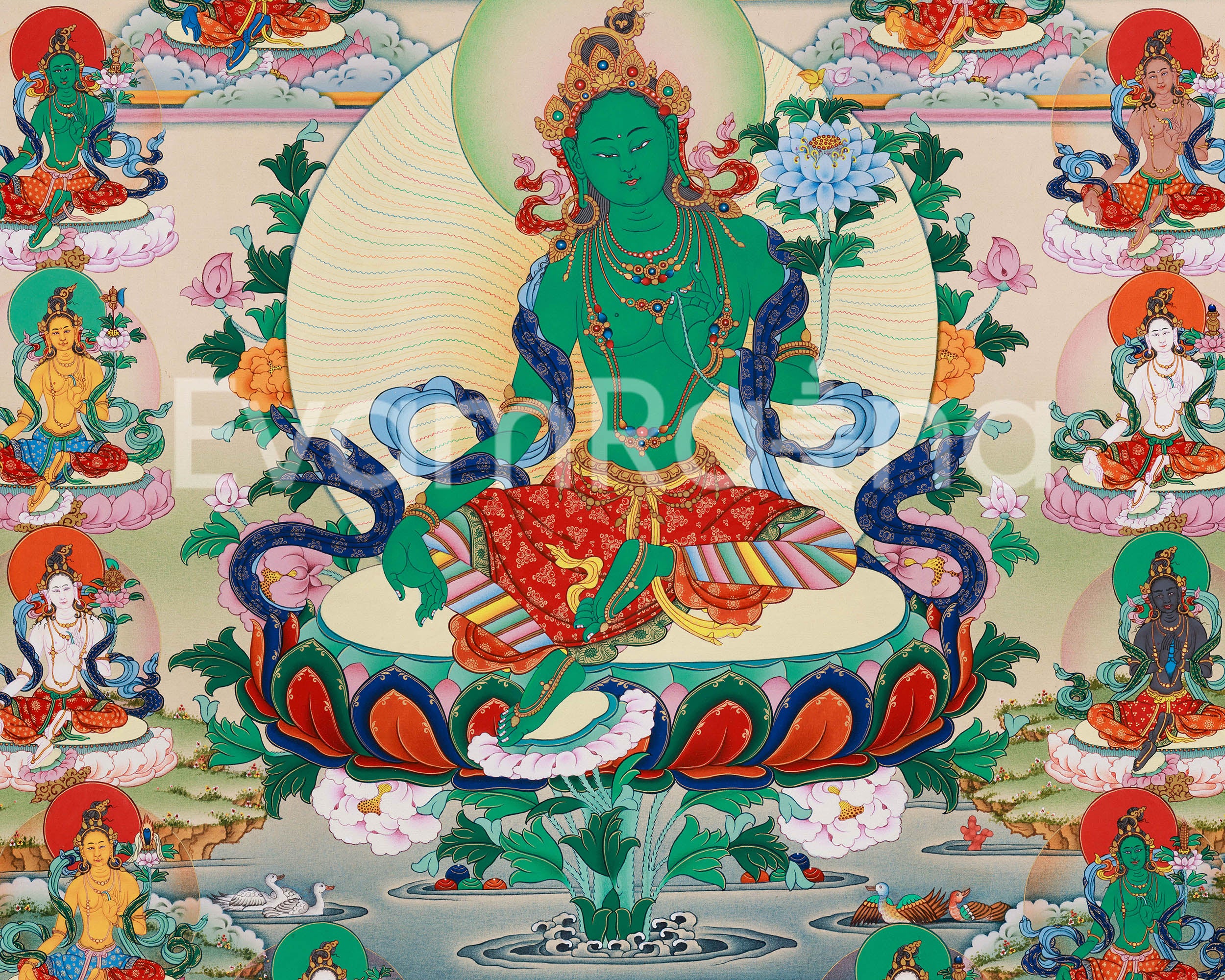 Twenty One Tara Thangka Print | Giclee Art on Canvas | Traditional Wall Decors