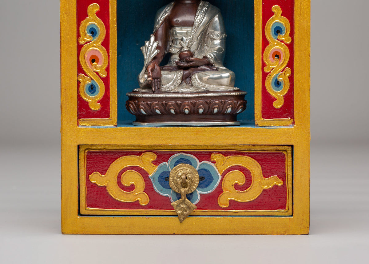 Medicine Buddha Altar Box | Tibetan Wooden Shrine with Silver Plated Statue