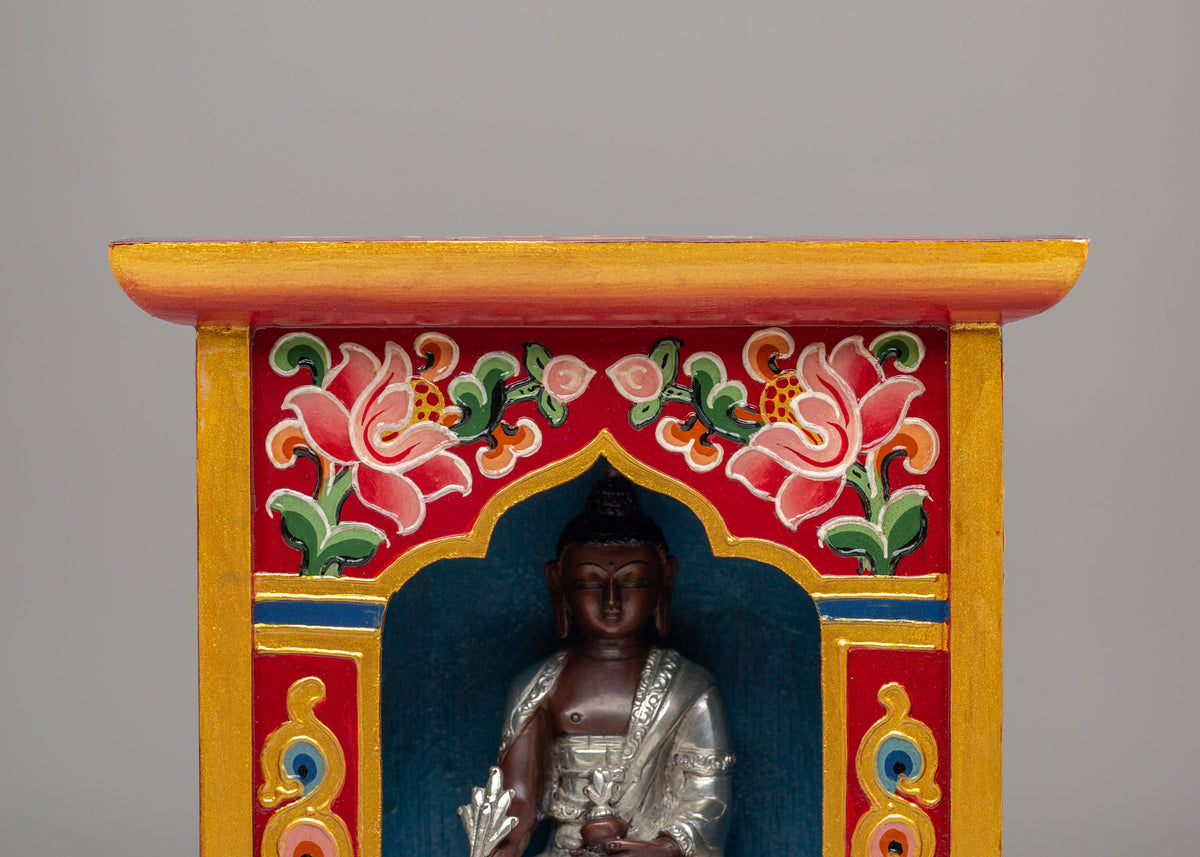Medicine Buddha Altar Box | Tibetan Wooden Shrine with Silver Plated Statue