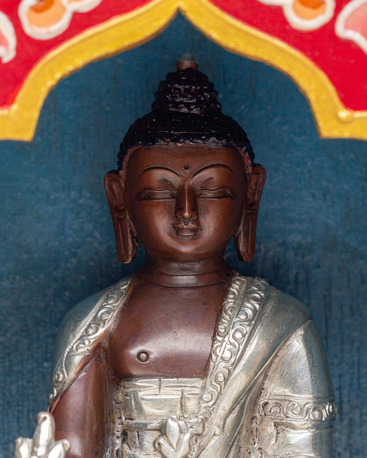 Medicine Buddha Altar Box | Tibetan Wooden Shrine with Silver Plated Statue