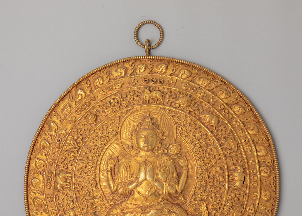 Traditional Chenrezig Wall Hanging | Gold Plated Copper Buddhist Wall Art