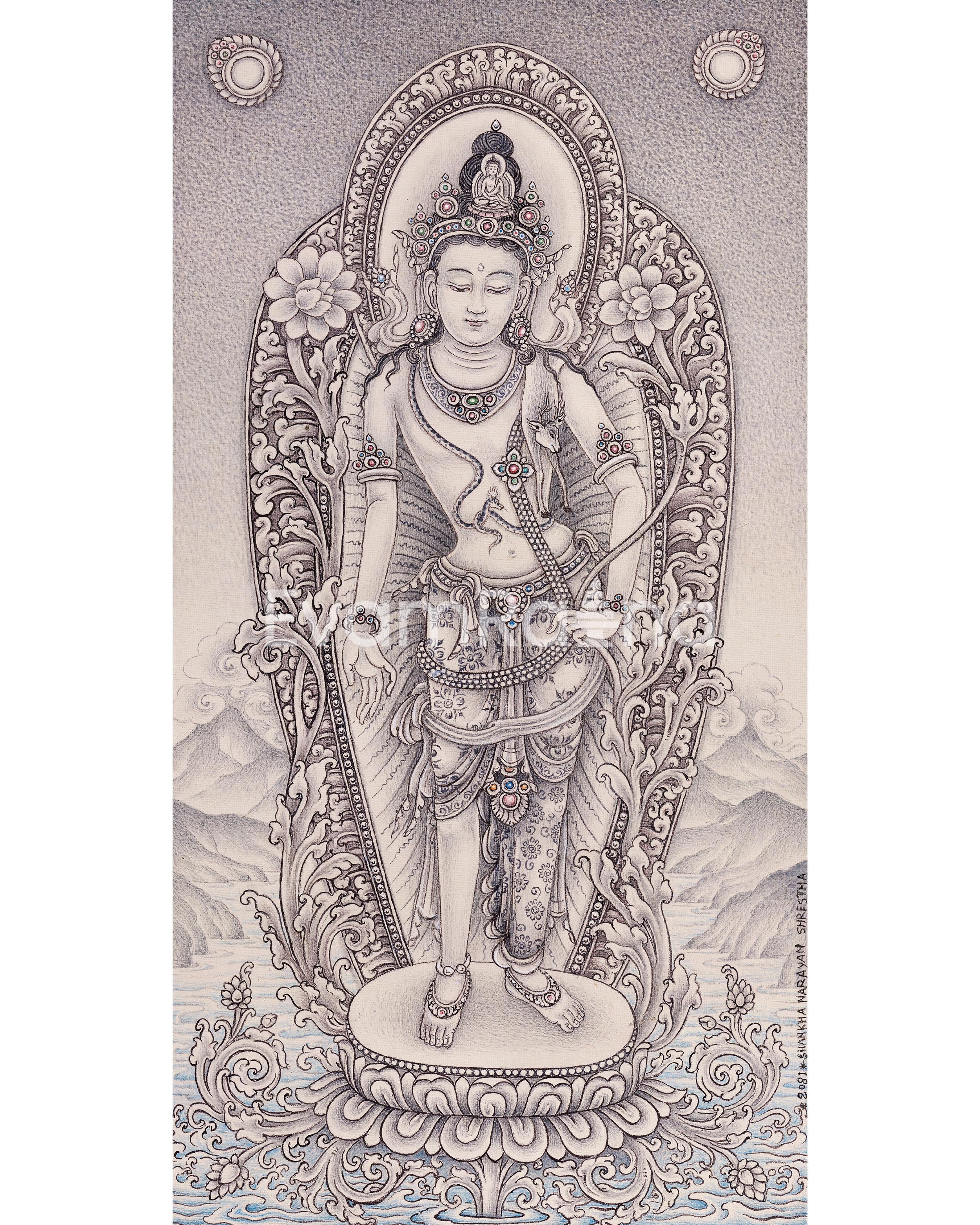 2-Armed Standing Chenrezig Thangka Print