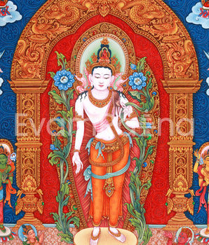 Standing Avalokiteshvara (Guanyin) Thangka Print | 5 Dhyani Buddhas |  High-Quality Giclee Print for Meditation | Paubha Painting