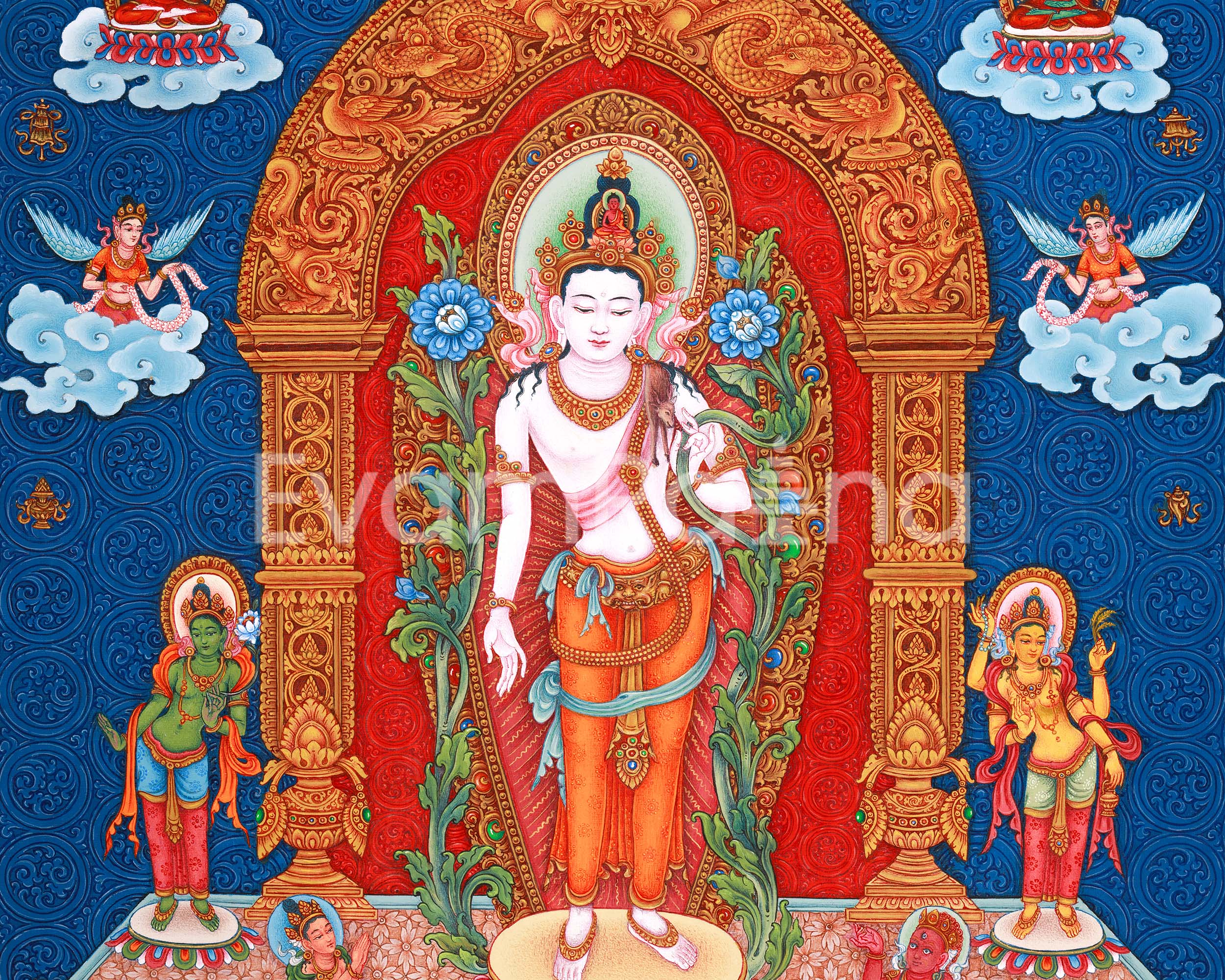 Standing Avalokiteshvara (Guanyin) Thangka Print | 5 Dhyani Buddhas |  High-Quality Giclee Print for Meditation | Paubha Painting